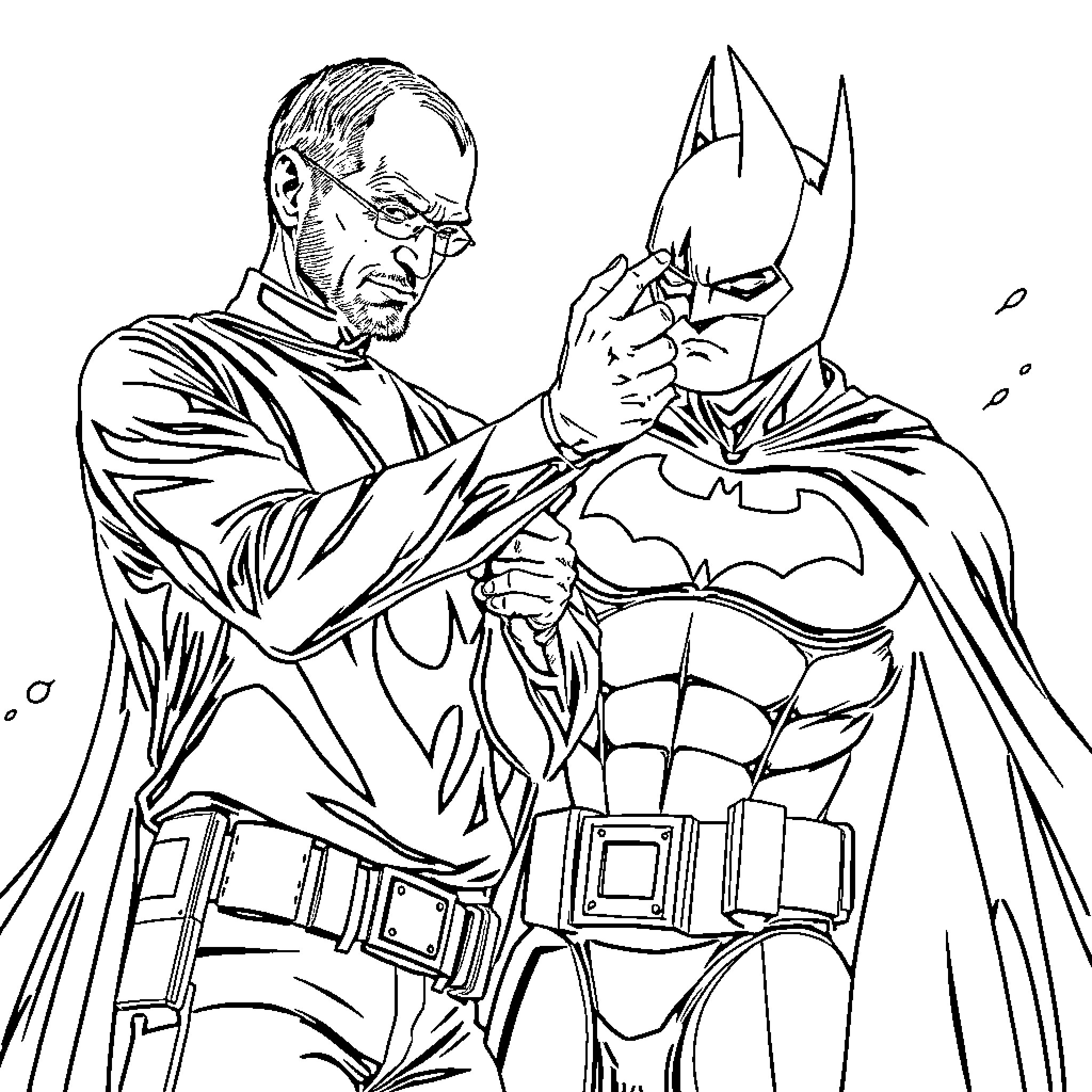 Steve Jobs in an intense discussion with Batman Coloring Page (free black-and-white line drawing printable PDF for all, from beginners to advanced learners, including children, teens, adults, and seniors)
