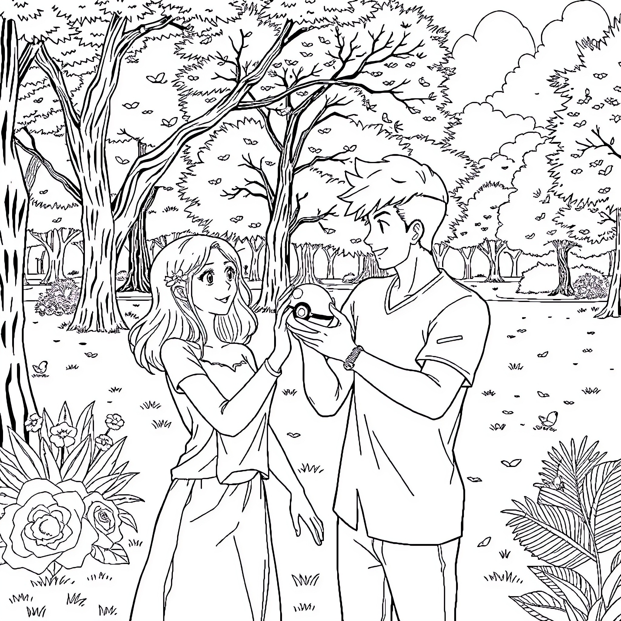 Man and woman embrace in autumn forest Coloring Page (free black-and-white line drawing printable PDF for all, from beginners to advanced learners, including children, teens, adults, and seniors)