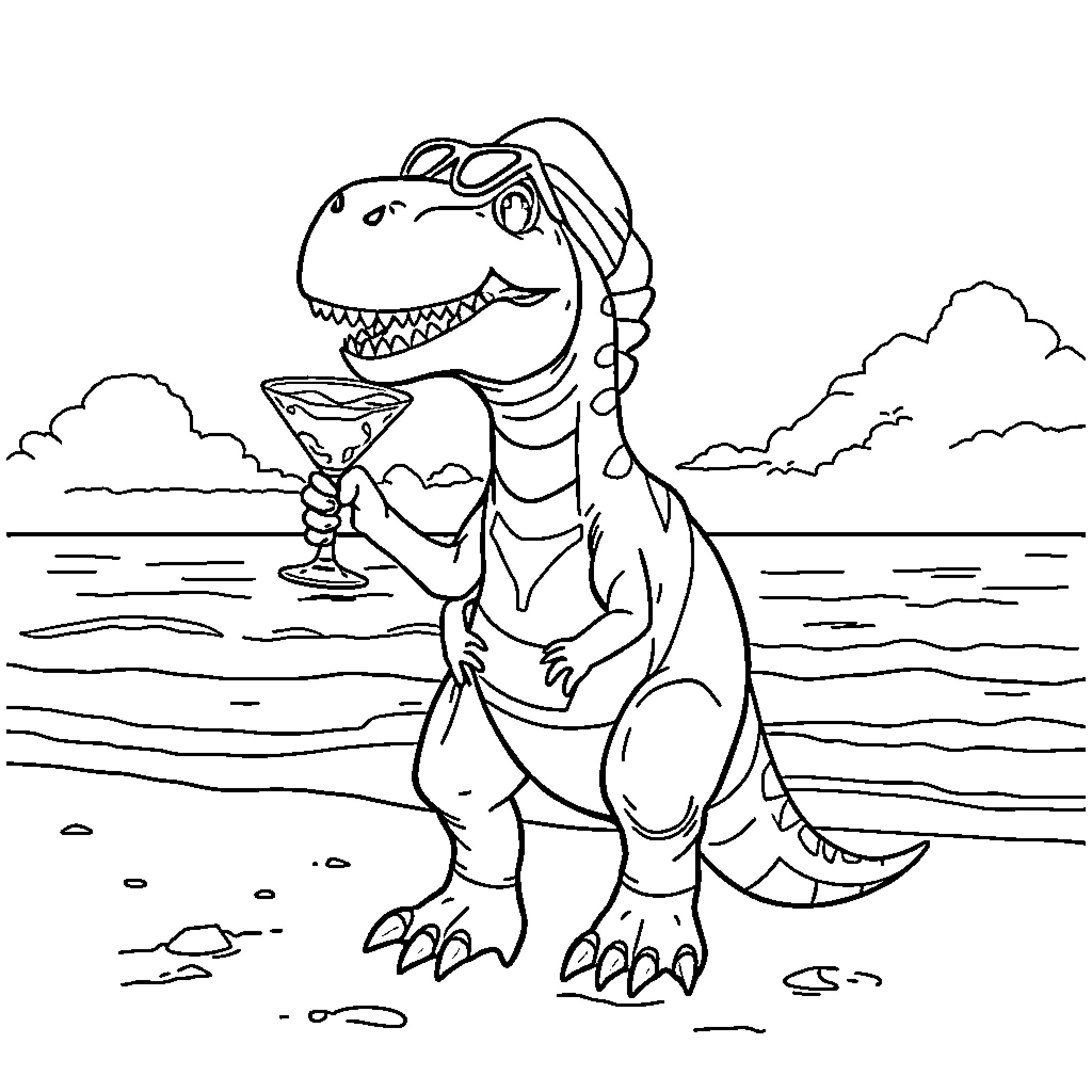 Dinosaur enjoying a tropical cocktail on the beach Coloring Page (free black-and-white line drawing printable PDF for all, from beginners to advanced learners, including children, teens, adults, and seniors)