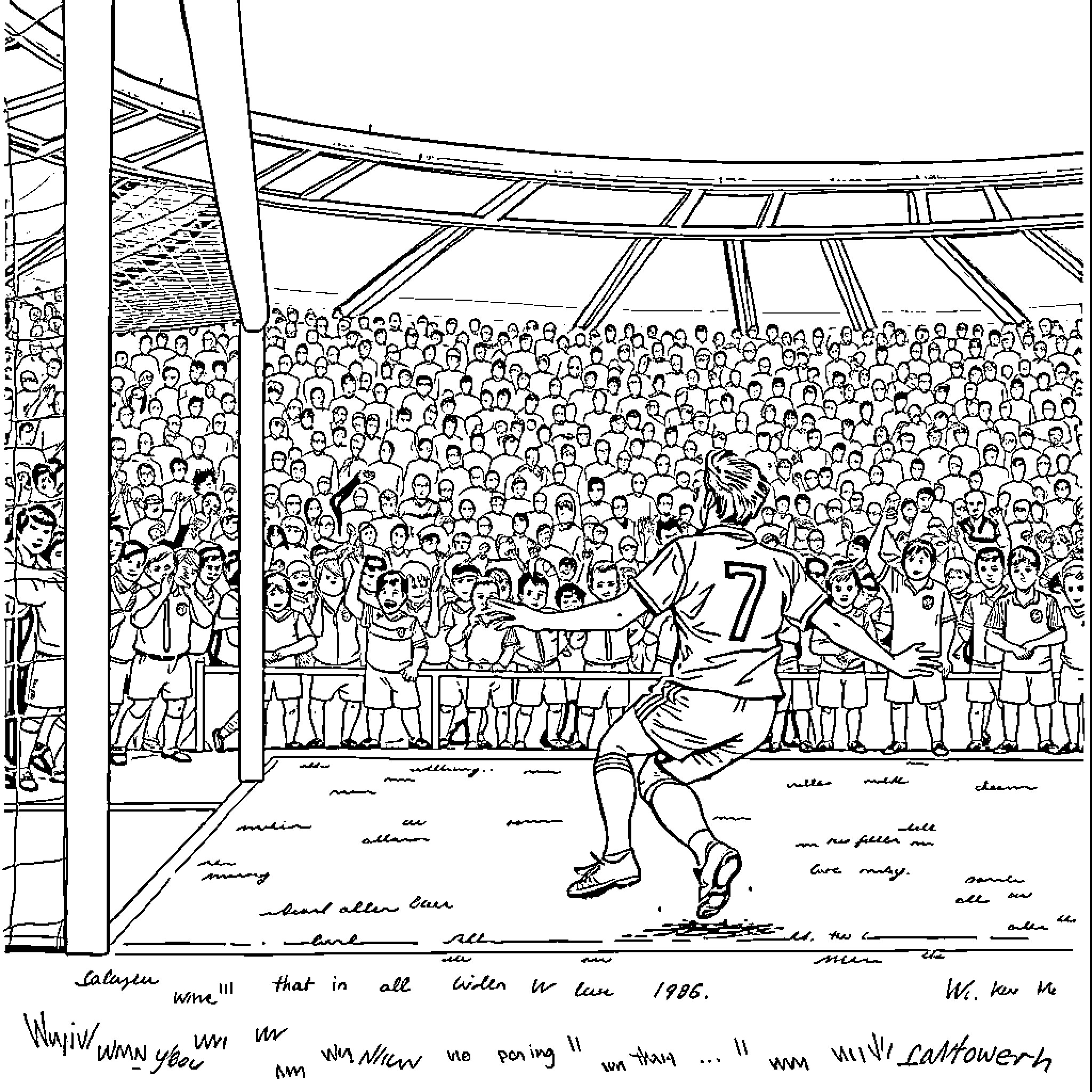 Marius Lacatus playing soccer in a crowded stadium Coloring Page (free black-and-white line drawing printable PDF for all, from beginners to advanced learners, including children, teens, adults, and seniors)
