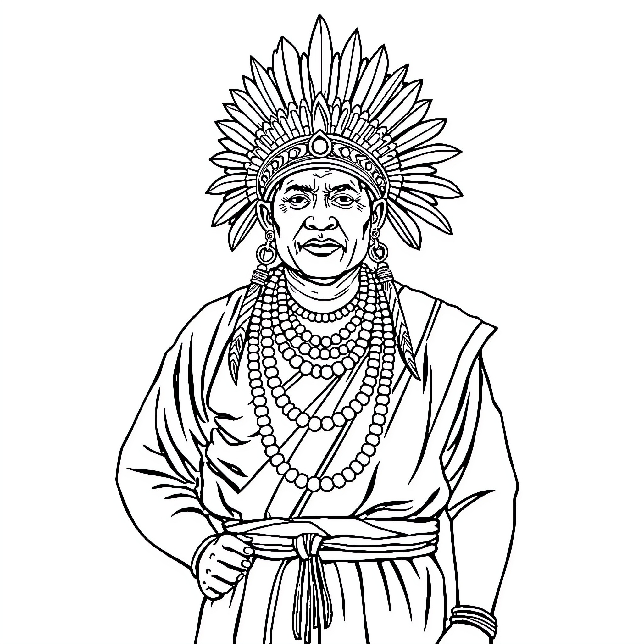 Datu in Ceremonial Attire and Headdress Coloring Page (free black-and-white line drawing printable PDF for all, from beginners to advanced learners, including children, teens, adults, and seniors)