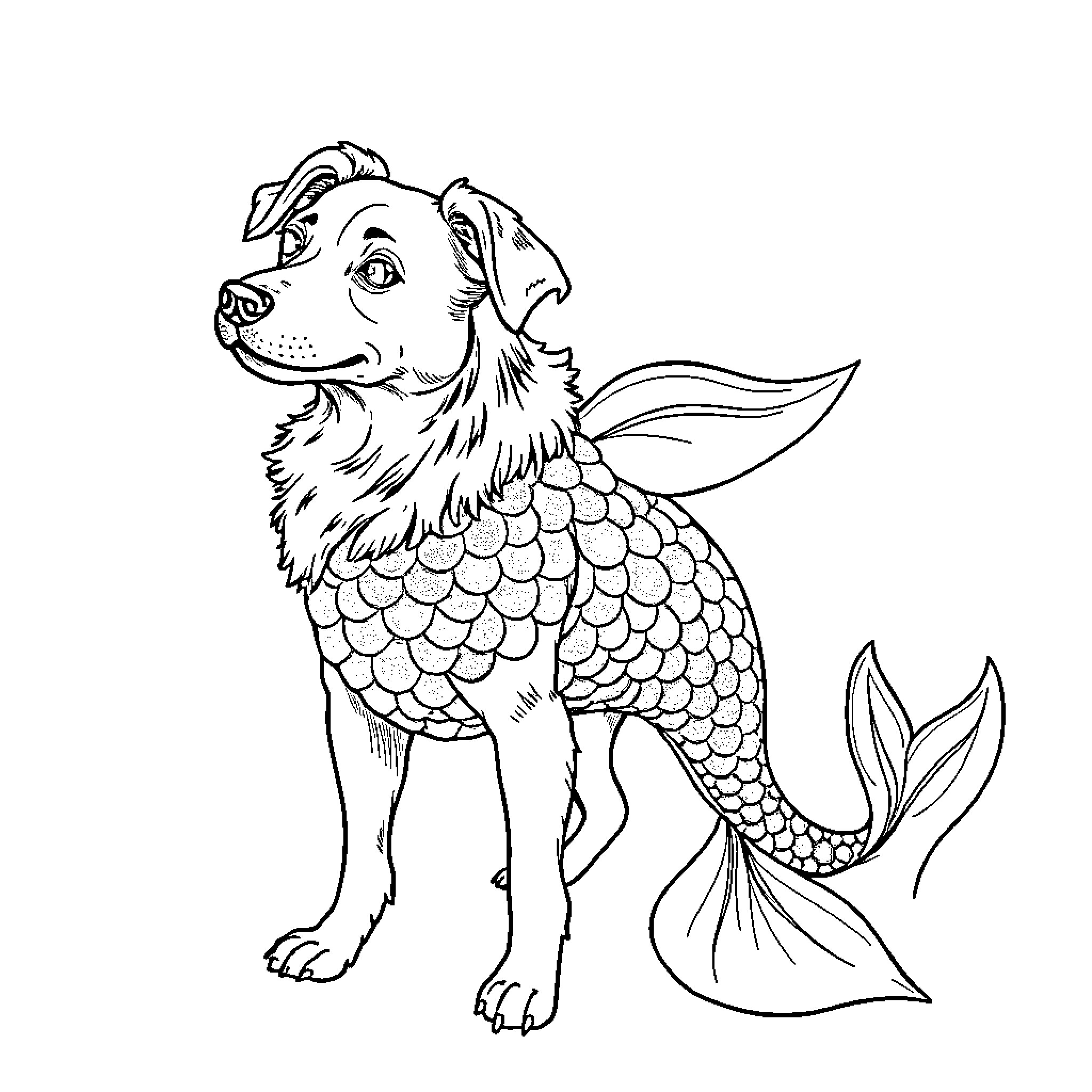 Dog dressed as a mermaid with a tail Coloring Page (free black-and-white line drawing printable PDF for all, from beginners to advanced learners, including children, teens, adults, and seniors)