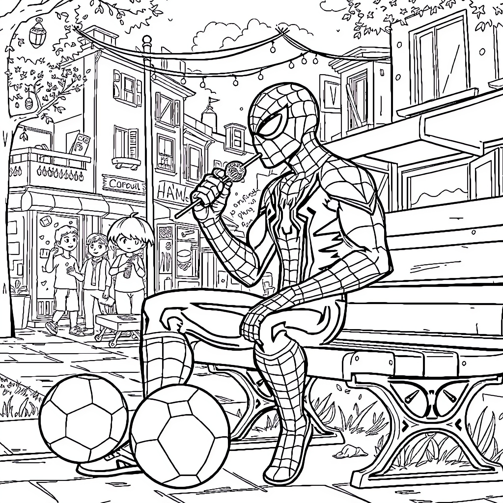 Spider-Man Plays with Soccer Balls in City Street Coloring Page (free black-and-white line drawing printable PDF for all, from beginners to advanced learners, including children, teens, adults, and seniors)