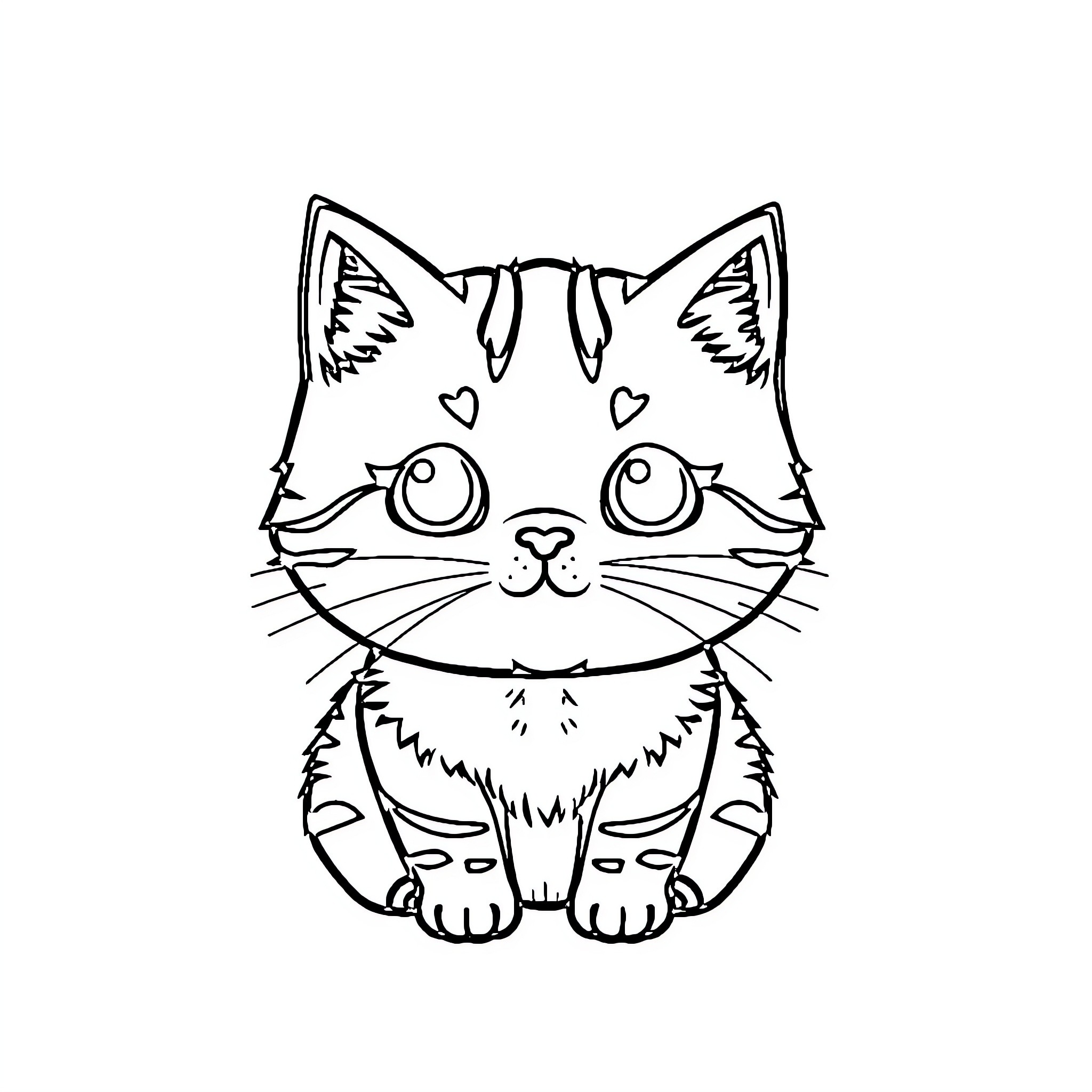 Cat with hearts on its face Coloring Page (free black-and-white line drawing printable PDF for all, from beginners to advanced learners, including children, teens, adults, and seniors)