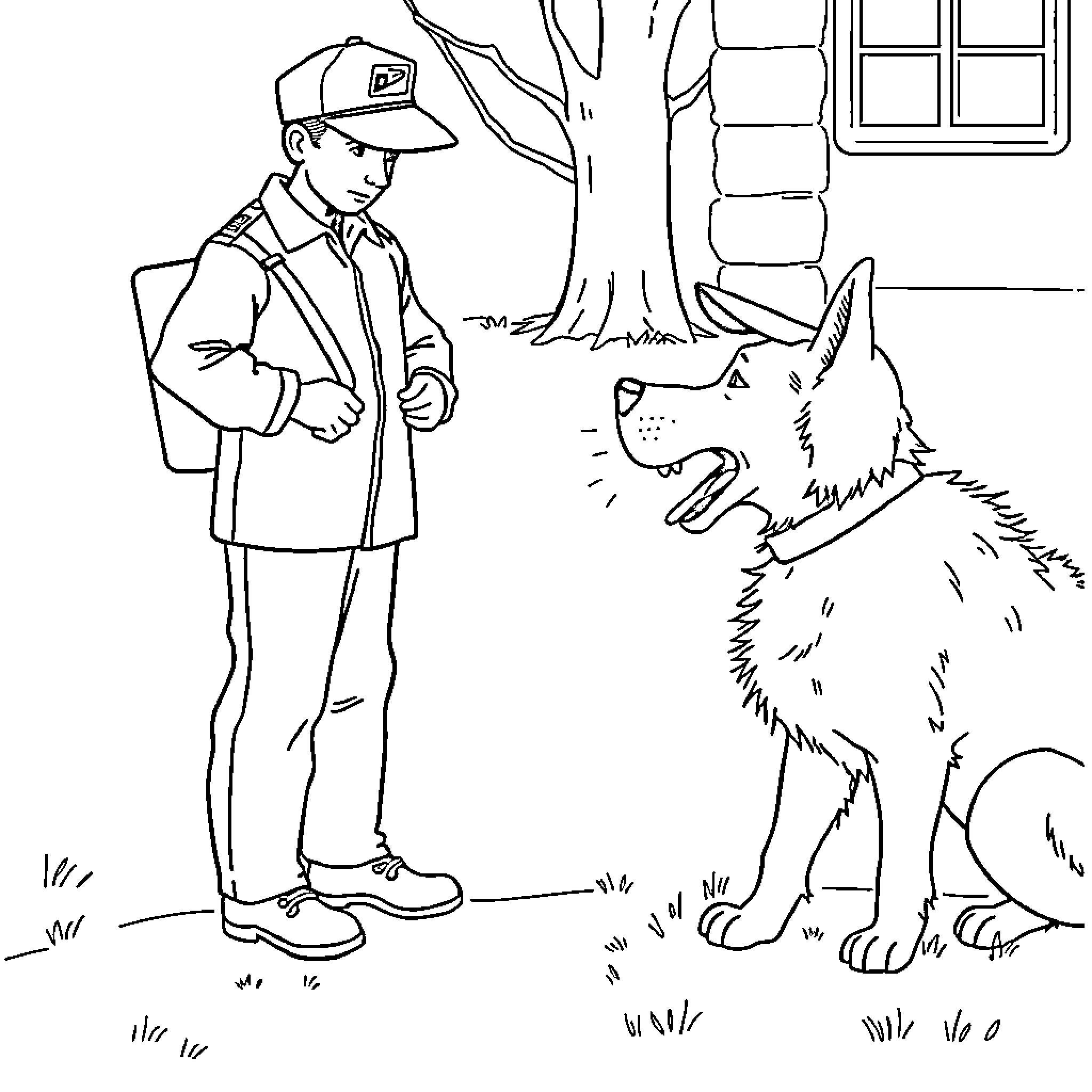 Dog greeting man in front of house Coloring Page (free black-and-white line drawing printable PDF for all, from beginners to advanced learners, including children, teens, adults, and seniors)