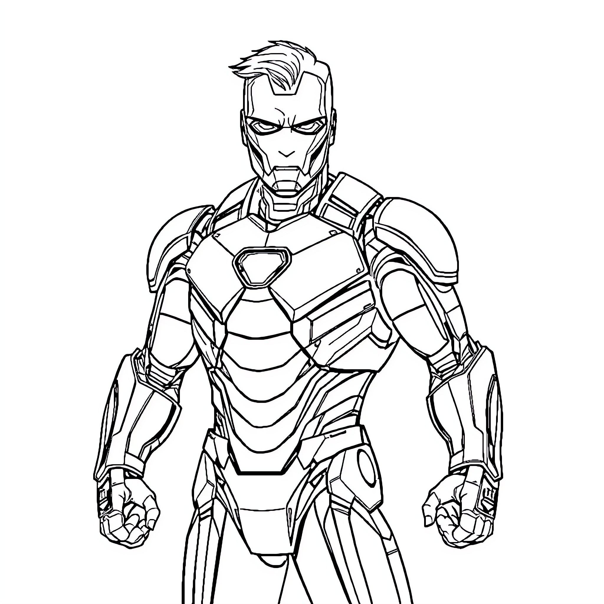 Iron Man in heroic action pose Coloring Page (free black-and-white line drawing printable PDF for all, from beginners to advanced learners, including children, teens, adults, and seniors)