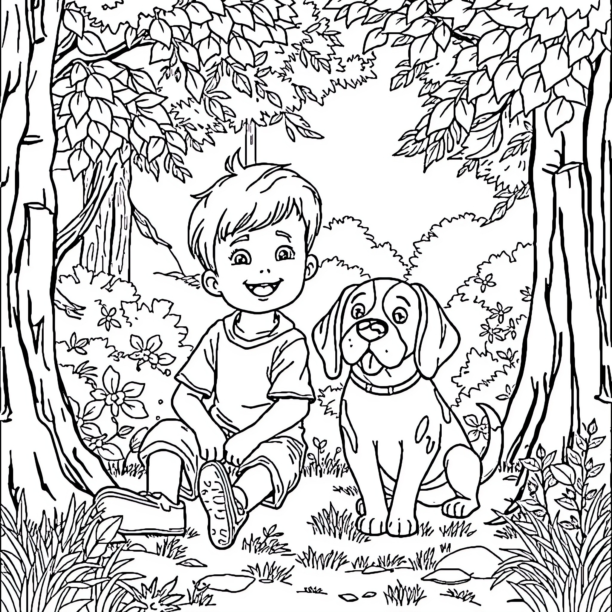 Boy and his dog exploring the forest Coloring Page (free black-and-white line drawing printable PDF for all, from beginners to advanced learners, including children, teens, adults, and seniors)