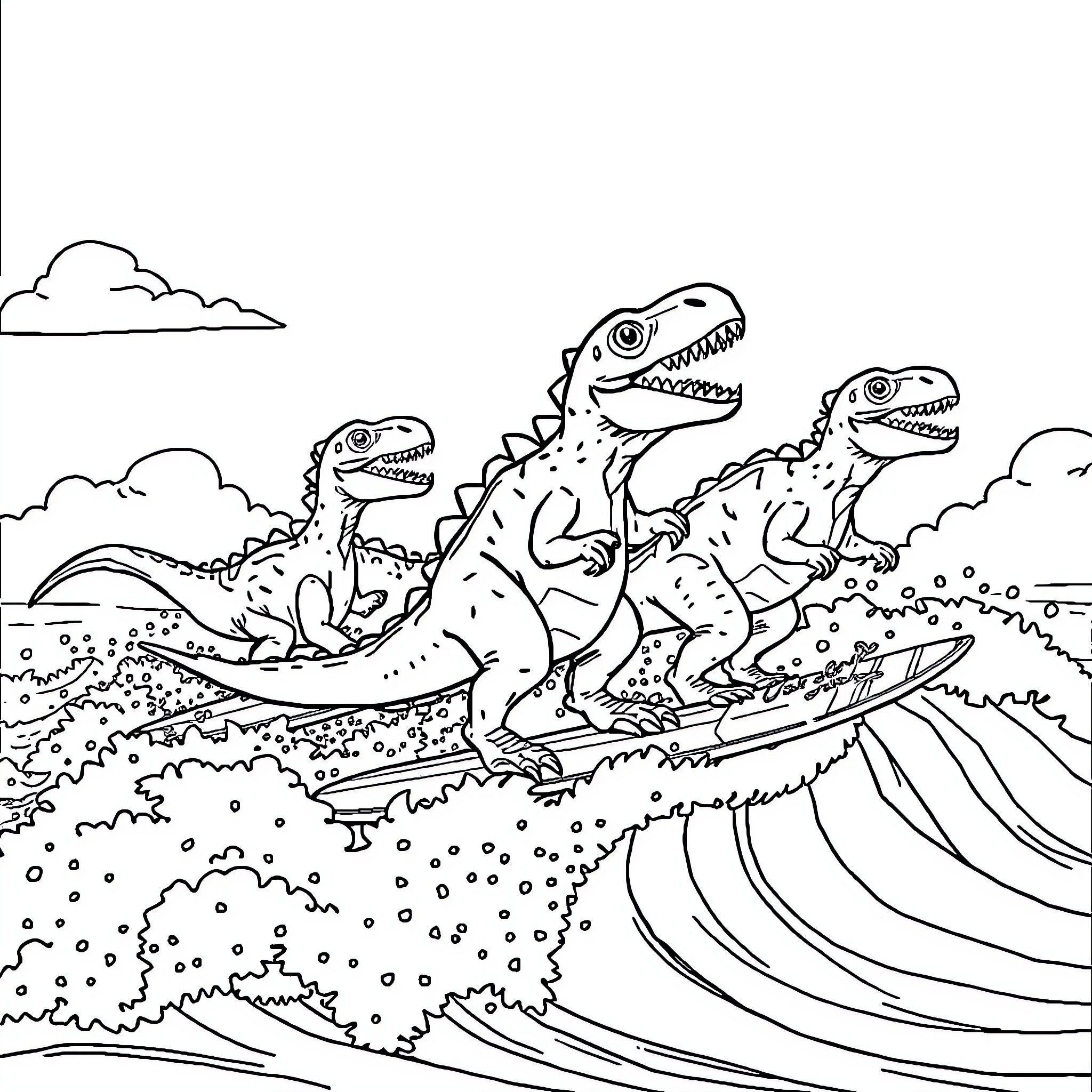 Dinosaurs playing and exploring in the wild Coloring Page (free black-and-white line drawing printable PDF for all, from beginners to advanced learners, including children, teens, adults, and seniors)
