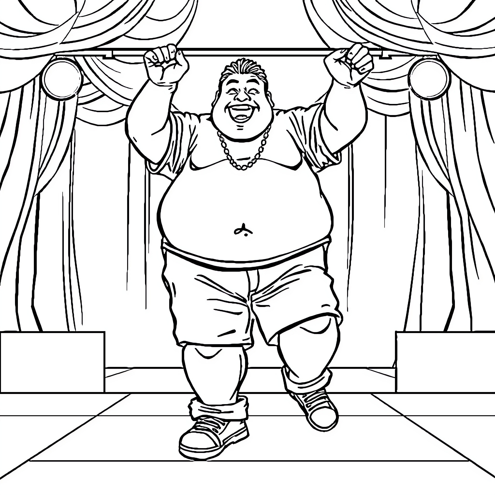 Man happily performing on stage Coloring Page (free black-and-white line drawing printable PDF for all, from beginners to advanced learners, including children, teens, adults, and seniors)