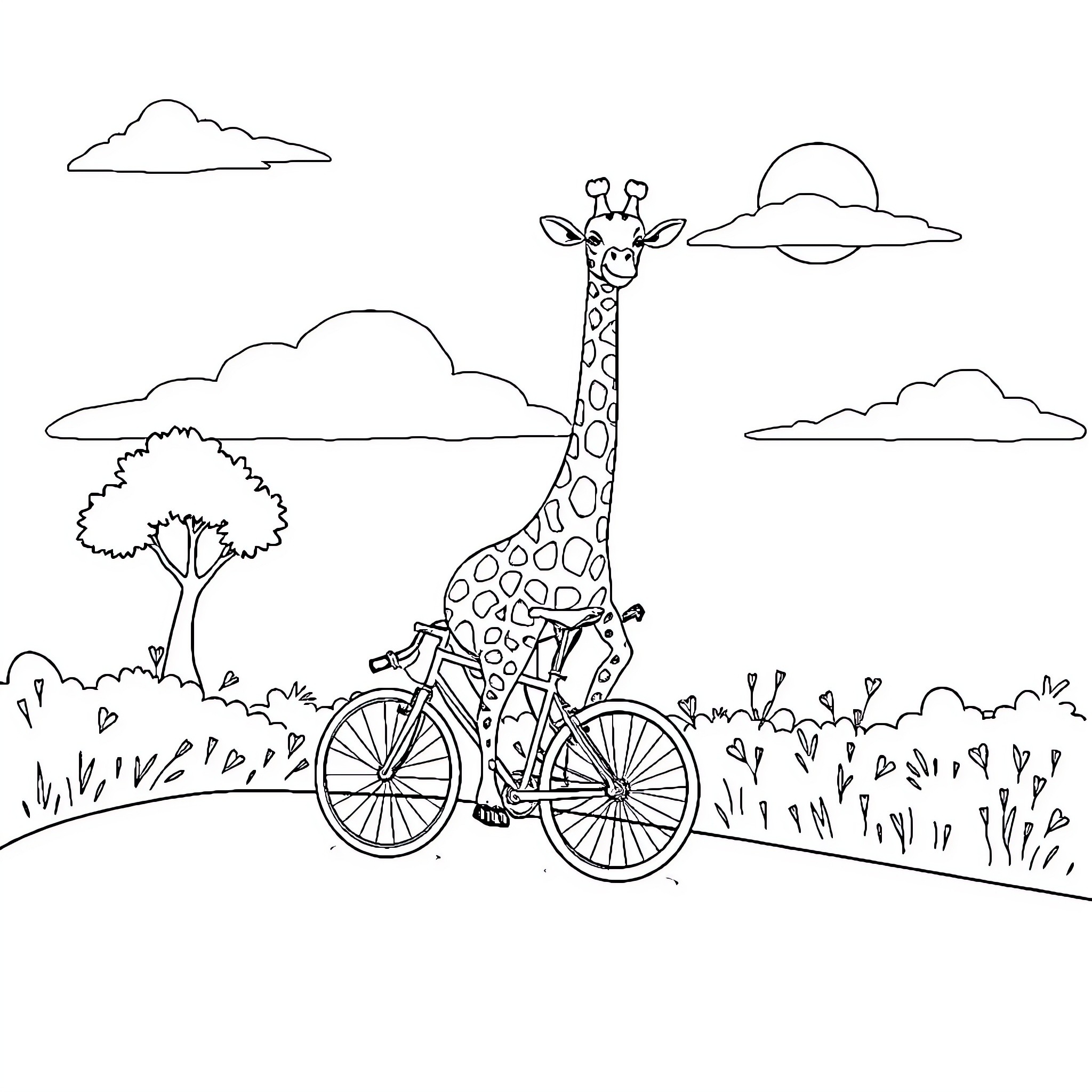 Giraffe riding a bicycle in a scenic landscape Coloring Page (free black-and-white line drawing printable PDF for all, from beginners to advanced learners, including children, teens, adults, and seniors)