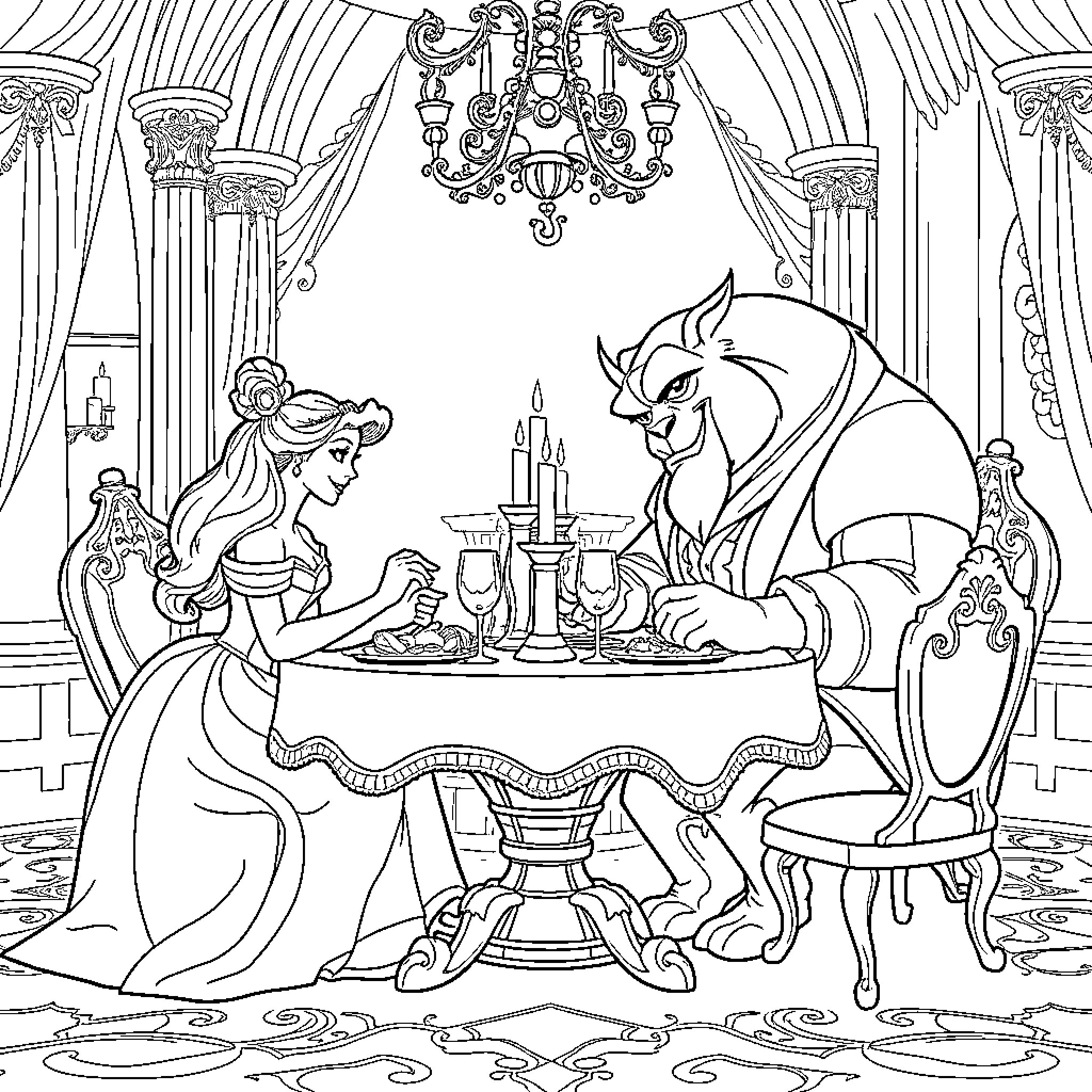 Beauty And The Beast Dining Together In Castle Coloring Page (free black-and-white line drawing printable PDF for all, from beginners to advanced learners, including children, teens, adults, and seniors)