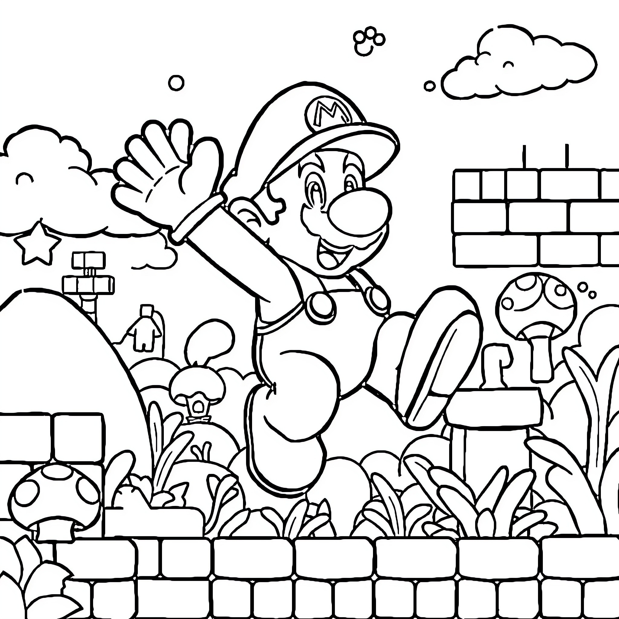 Mario Jumping Joyfully in Whimsical Mushroom World Coloring Page (free black-and-white line drawing printable PDF for all, from beginners to advanced learners, including children, teens, adults, and seniors)