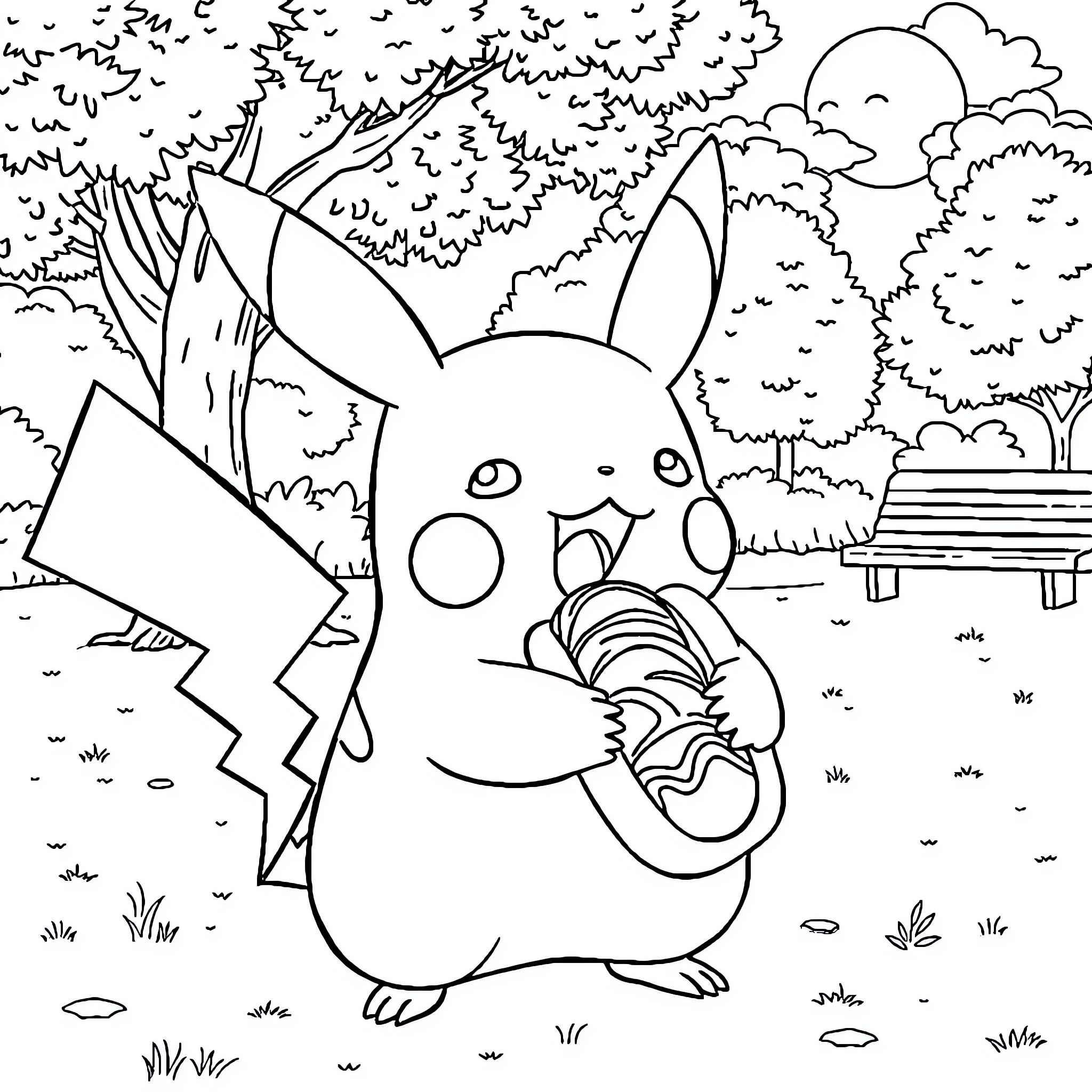 Pikachu enjoying a snack in the park Coloring Page (free black-and-white line drawing printable PDF for all, from beginners to advanced learners, including children, teens, adults, and seniors)