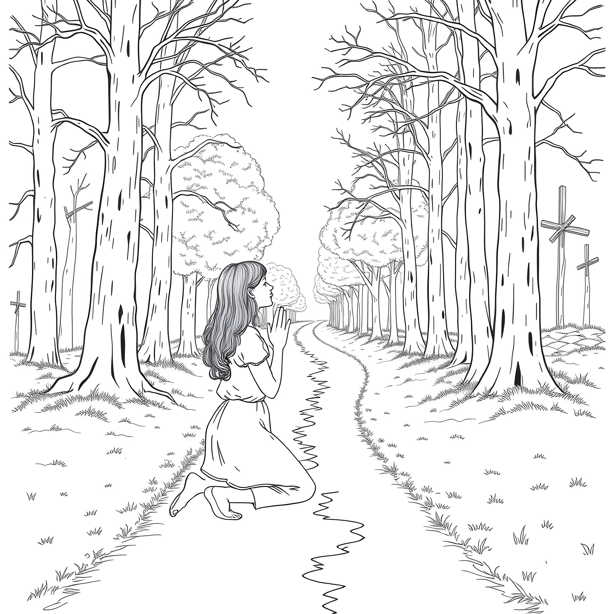Woman walking alone in the mysterious forest Coloring Page (free black-and-white line drawing printable PDF for all, from beginners to advanced learners, including children, teens, adults, and seniors)