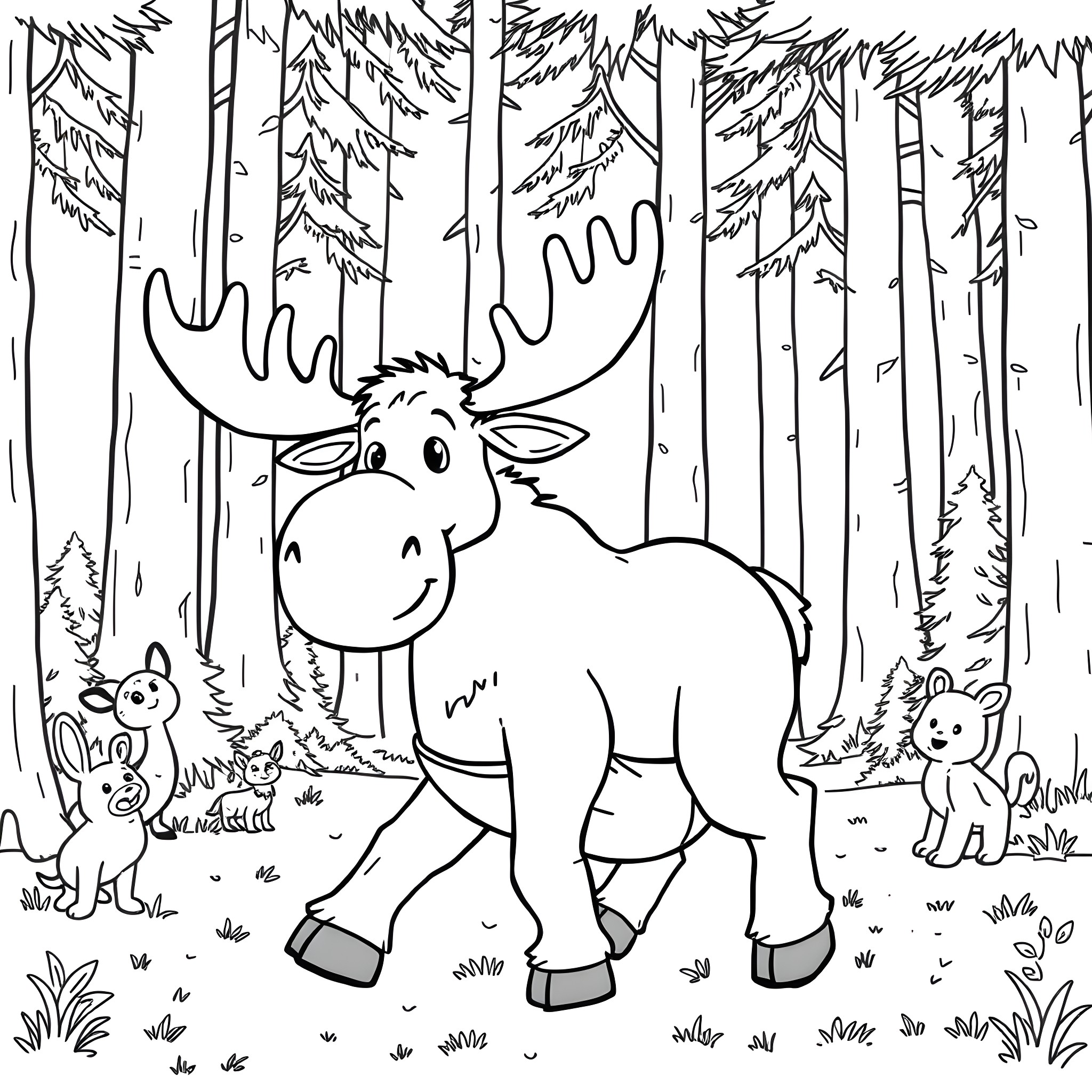 Moose in the Enchanted Forest with Woodland Creatures Coloring Page (free black-and-white line drawing printable PDF for all, from beginners to advanced learners, including children, teens, adults, and seniors)