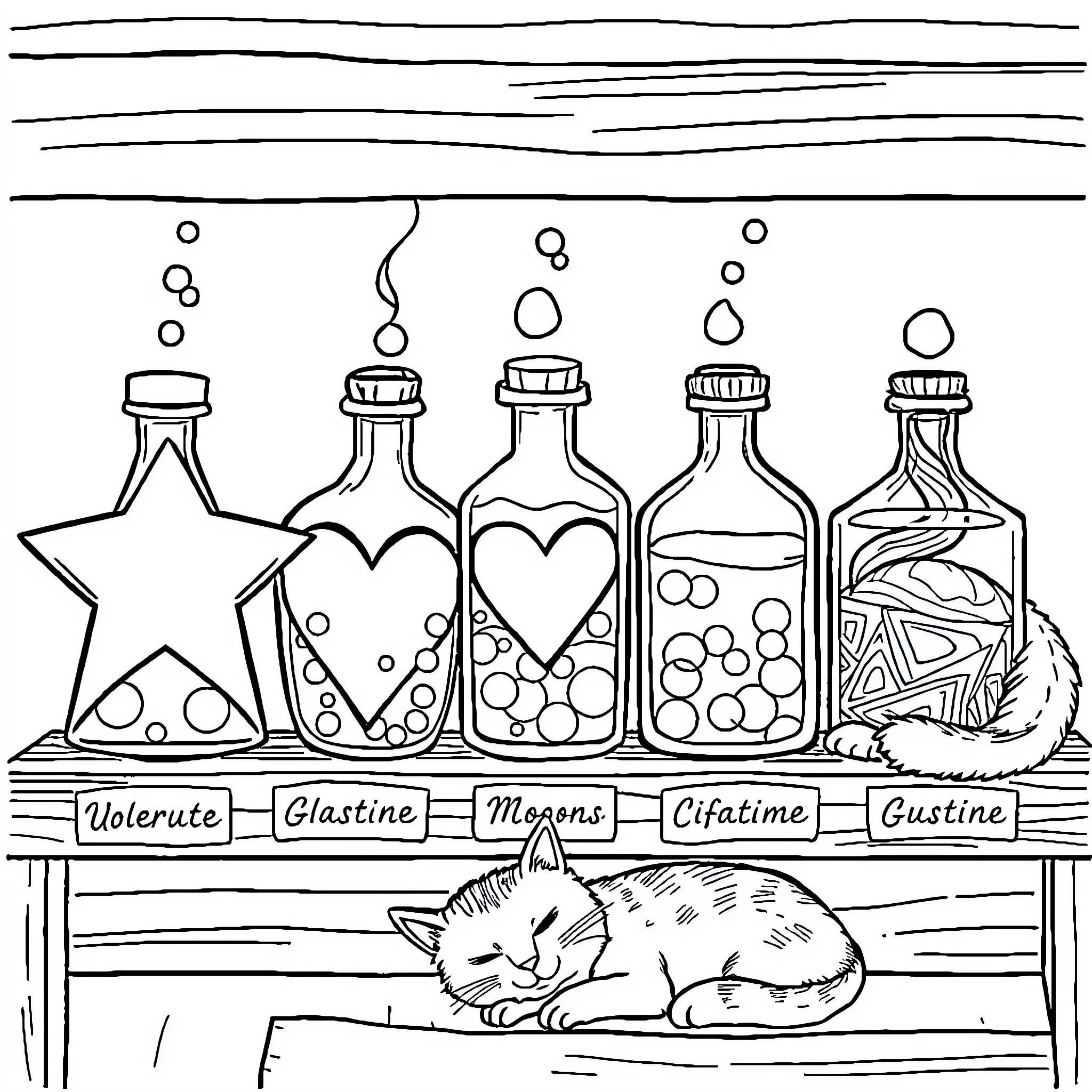 Potion Bottles on Shelves with Sleeping Cat Coloring Page (free black-and-white line drawing printable PDF for all, from beginners to advanced learners, including children, teens, adults, and seniors)