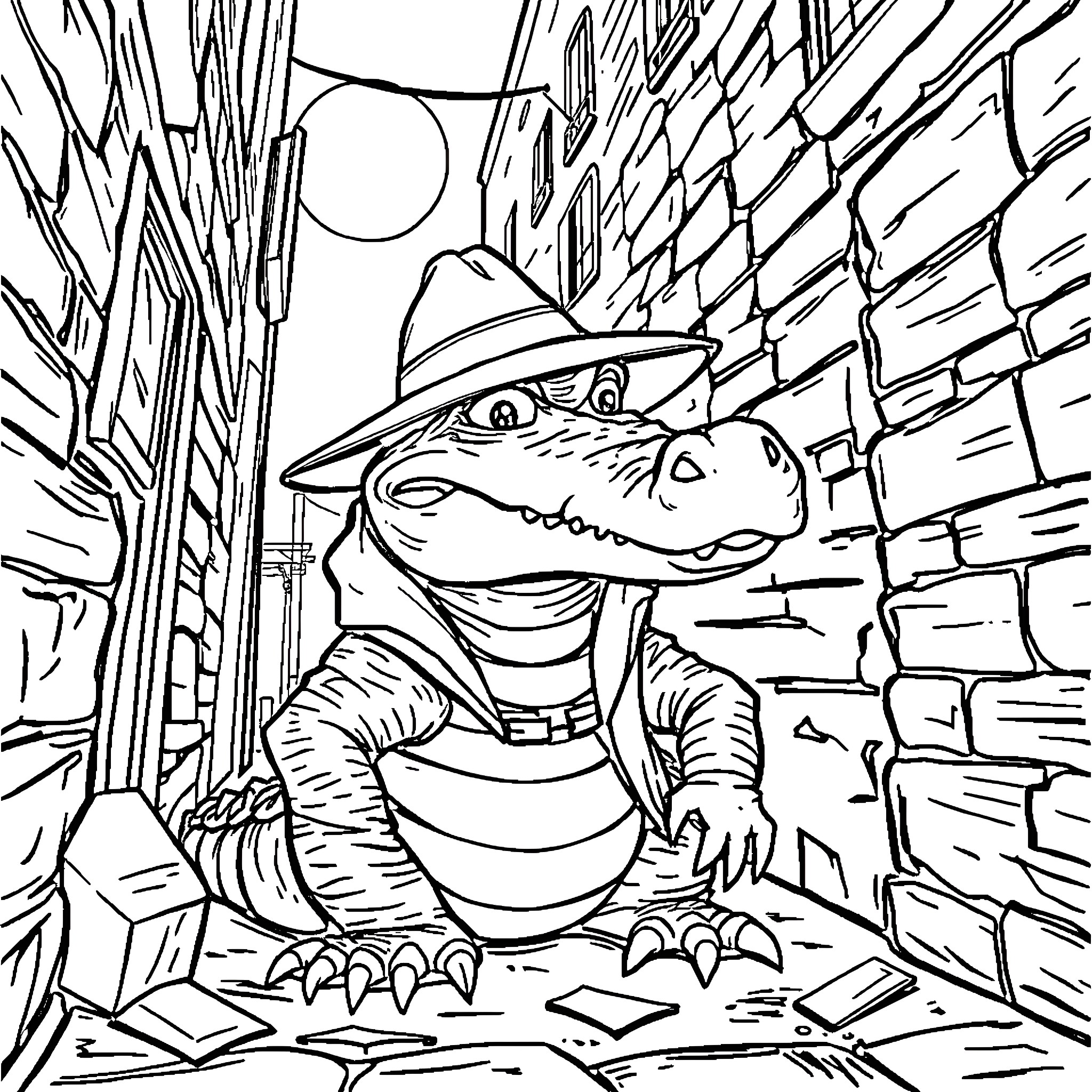 Crocodile detective investigating a mysterious scene Coloring Page (free black-and-white line drawing printable PDF for all, from beginners to advanced learners, including children, teens, adults, and seniors)