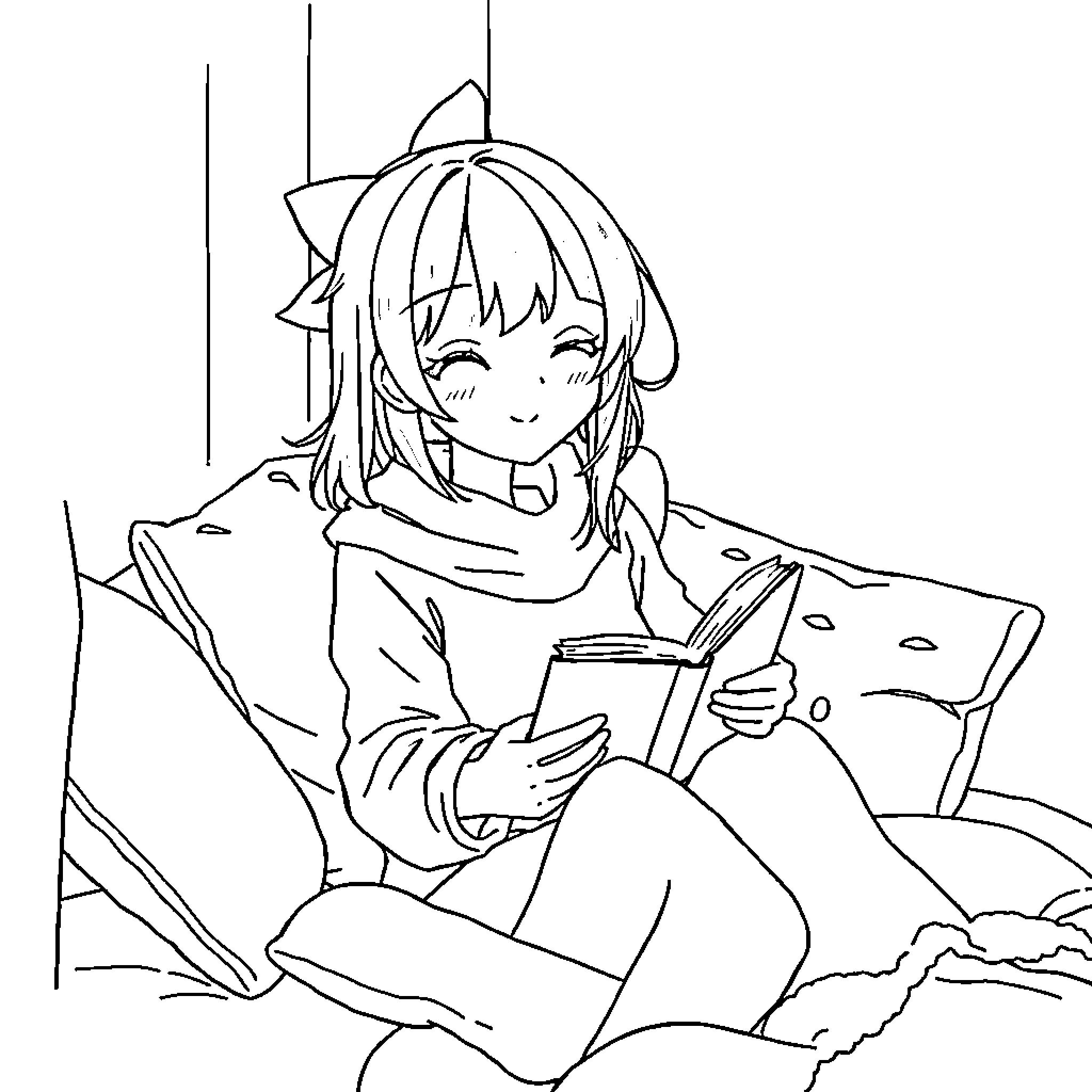 Anime Girl Reading a Book Comfortably Coloring Page (free black-and-white line drawing printable PDF for all, from beginners to advanced learners, including children, teens, adults, and seniors)