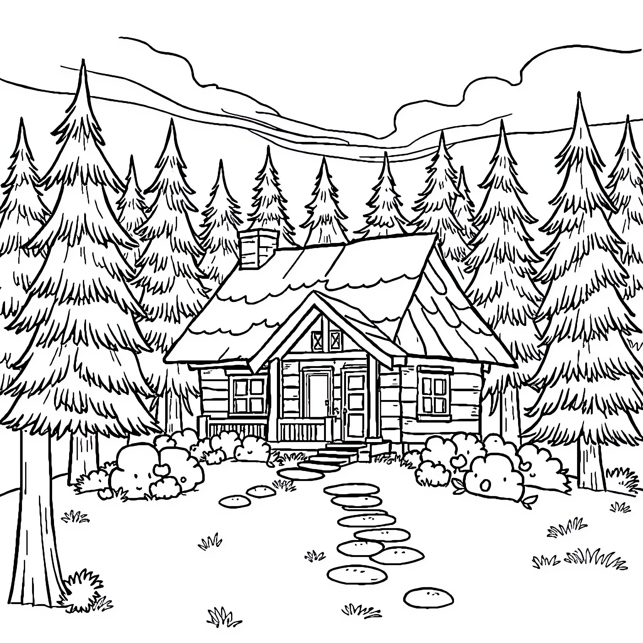 House in a Serene Forest Landscape Coloring Page (free black-and-white line drawing printable PDF for all, from beginners to advanced learners, including children, teens, adults, and seniors)