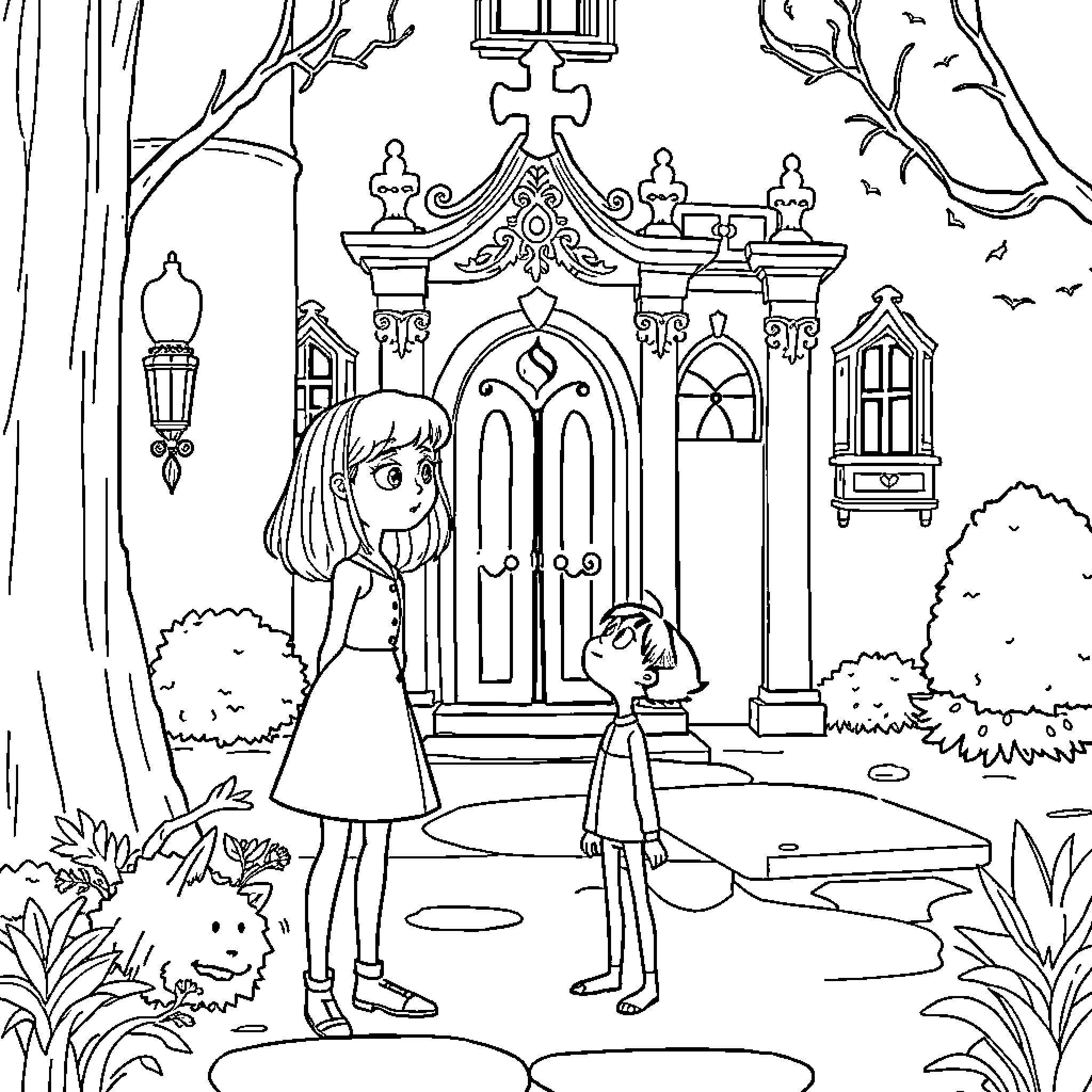 Coraline's Mysterious Encounter at the Whimsical Portal Coloring Page (free black-and-white line drawing printable PDF for all, from beginners to advanced learners, including children, teens, adults, and seniors)