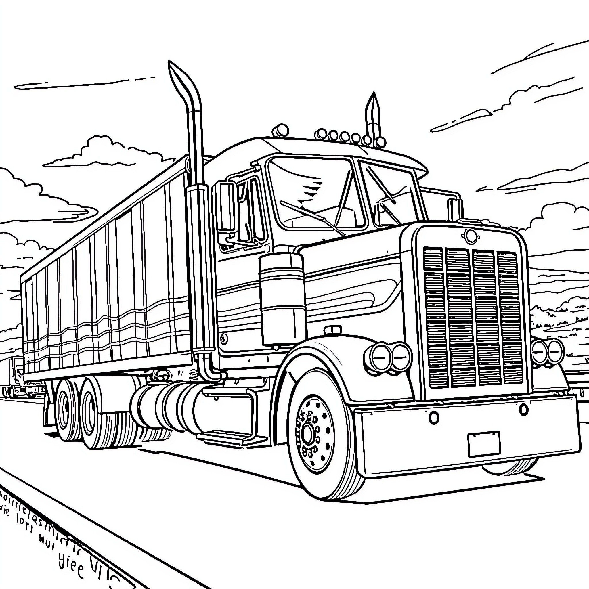 Can a truck haul heavy cargo on the open road Coloring Page (free black-and-white line drawing printable PDF for all, from beginners to advanced learners, including children, teens, adults, and seniors)