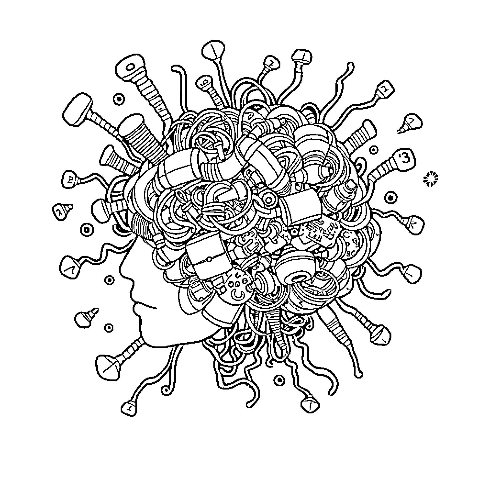 Brainrot: Whimsical Explosion of Abstract Shapes Coloring Page (free black-and-white line drawing printable PDF for all, from beginners to advanced learners, including children, teens, adults, and seniors)