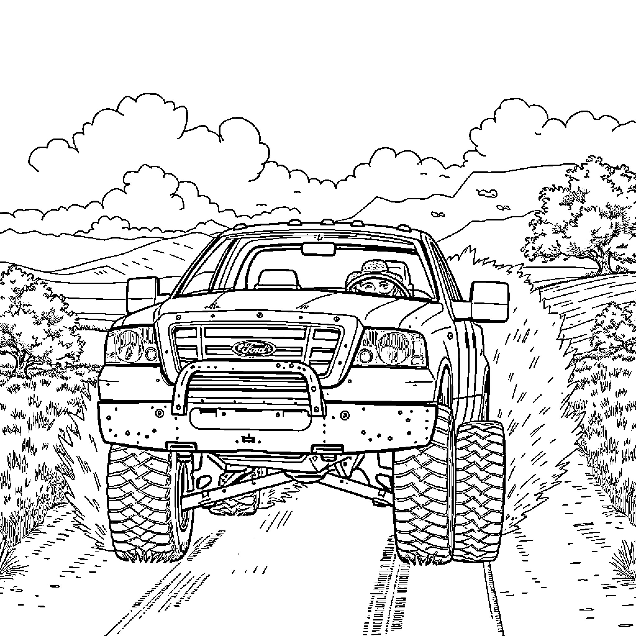 Joe Dirt's Muddy Offroad Adventure Coloring Page (free black-and-white line drawing printable PDF for all, from beginners to advanced learners, including children, teens, adults, and seniors)