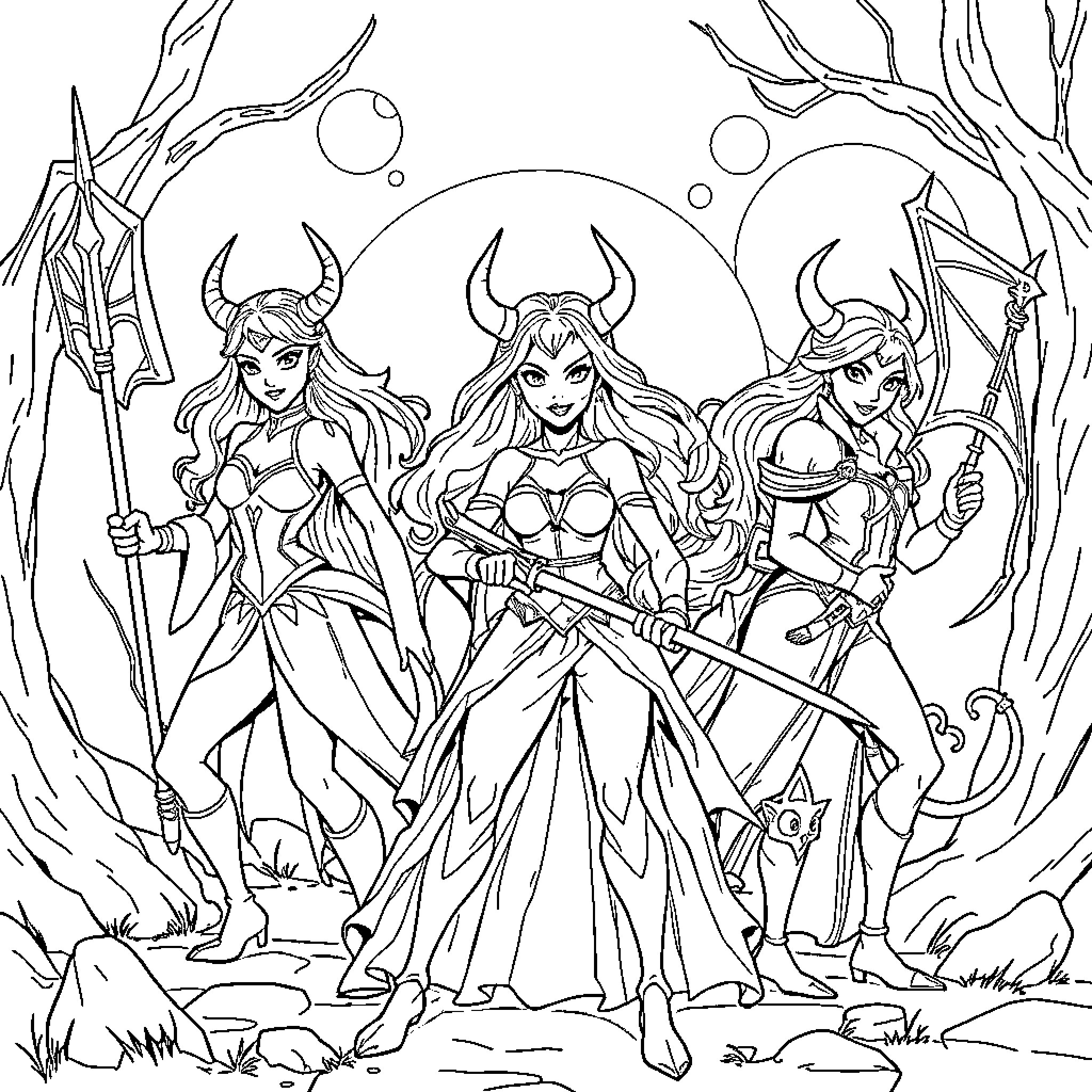 Demon Hunter Warriors in Fierce Battle Stance Coloring Page (free black-and-white line drawing printable PDF for all, from beginners to advanced learners, including children, teens, adults, and seniors)