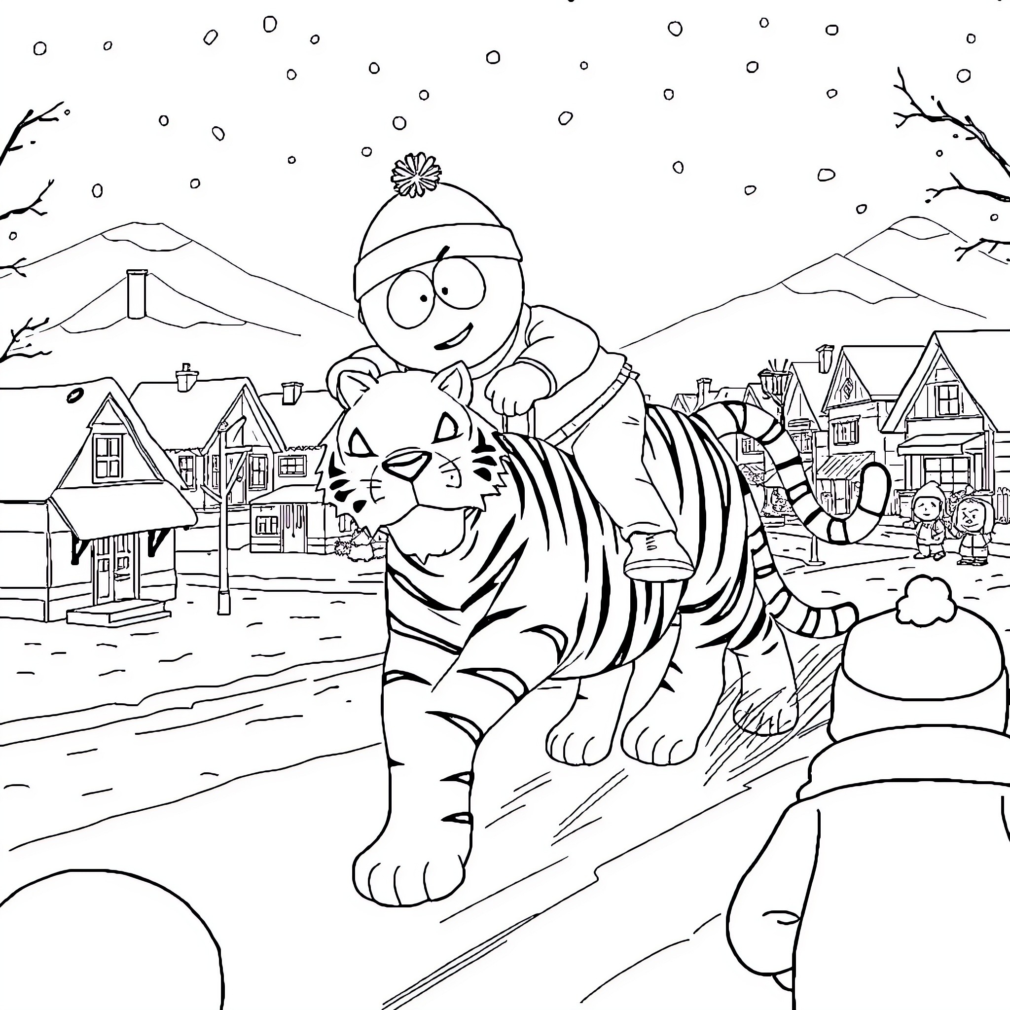 Cartman's Snowy Adventure with Tiger Coloring Page (free black-and-white line drawing printable PDF for all, from beginners to advanced learners, including children, teens, adults, and seniors)