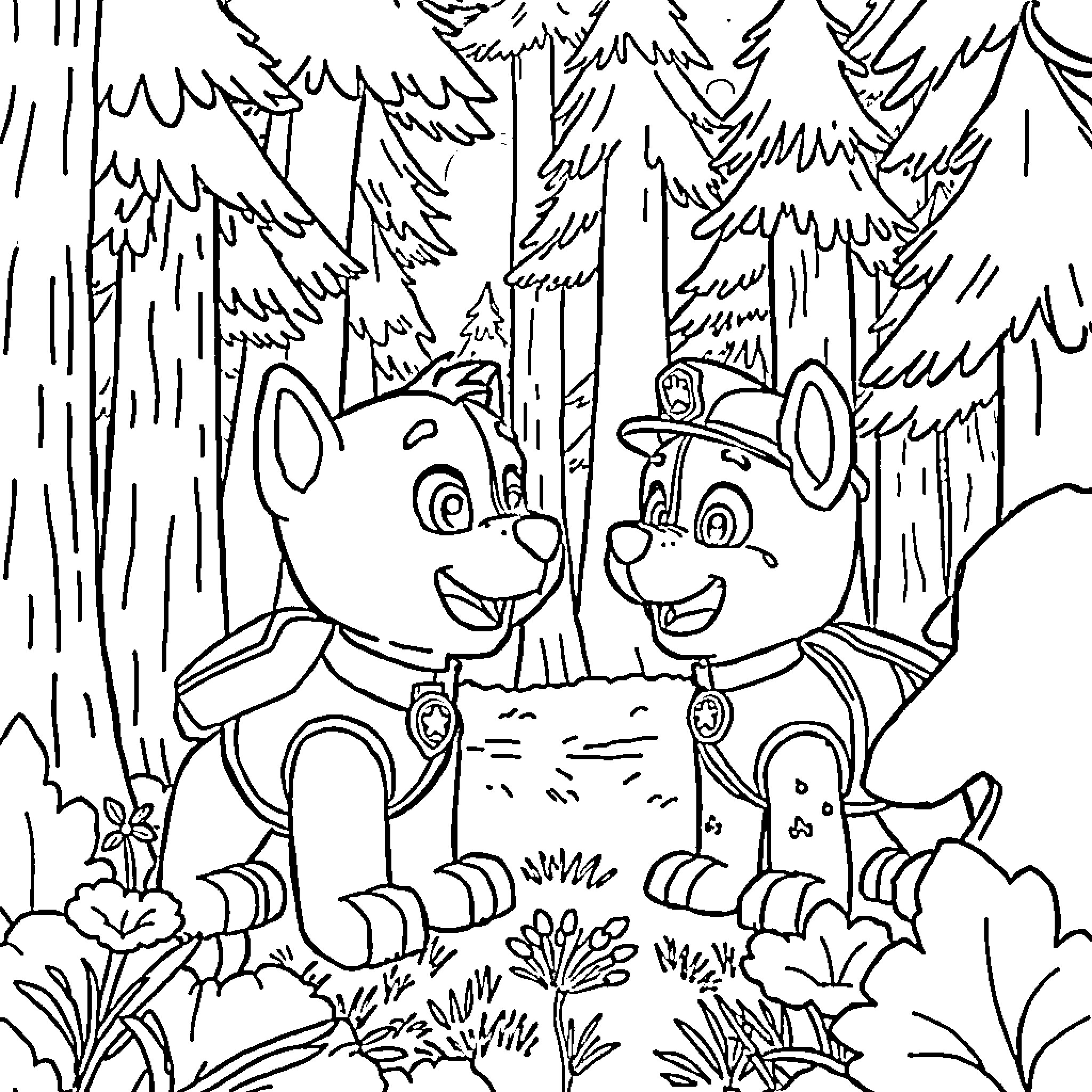 Sky adorned with playing cartoon animals in forest Coloring Page (free black-and-white line drawing printable PDF for all, from beginners to advanced learners, including children, teens, adults, and seniors)