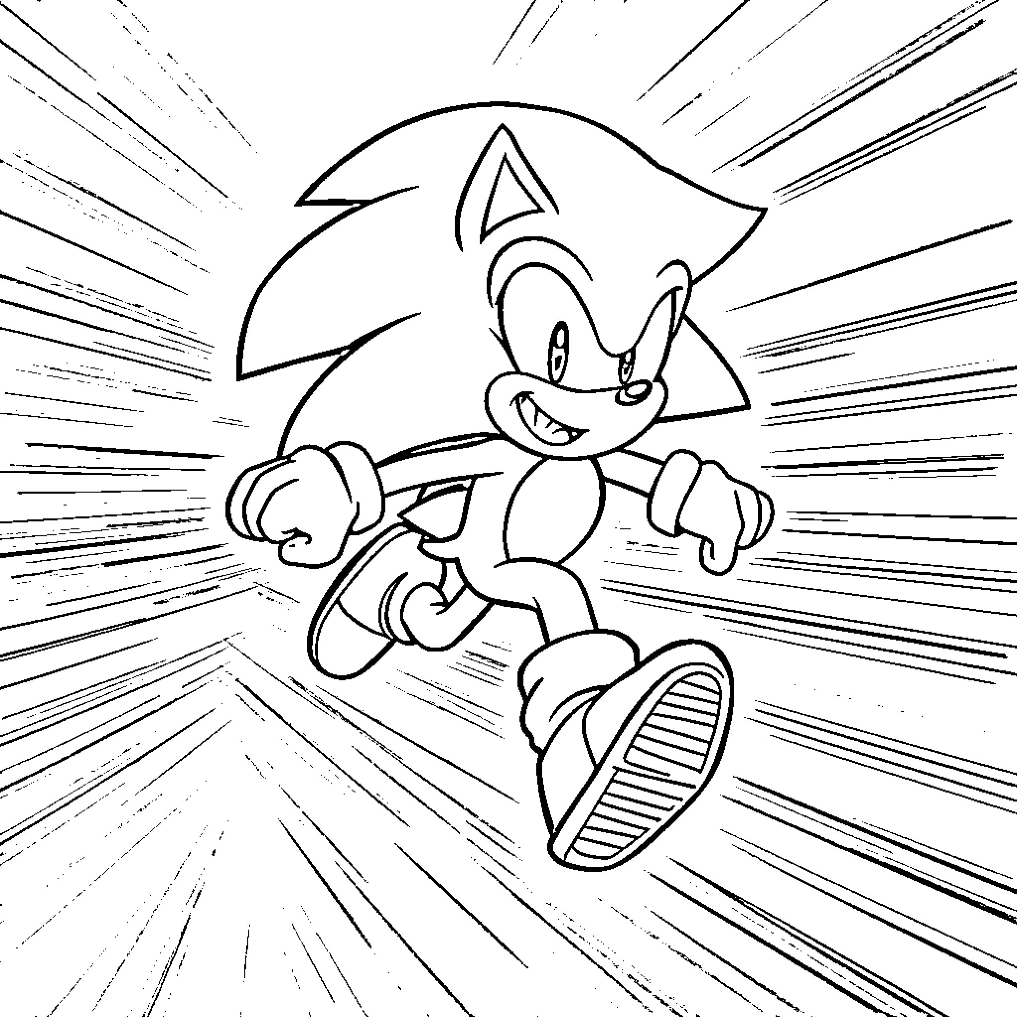 Sonic the Hedgehog running in action pose Coloring Page (free black-and-white line drawing printable PDF for all, from beginners to advanced learners, including children, teens, adults, and seniors)