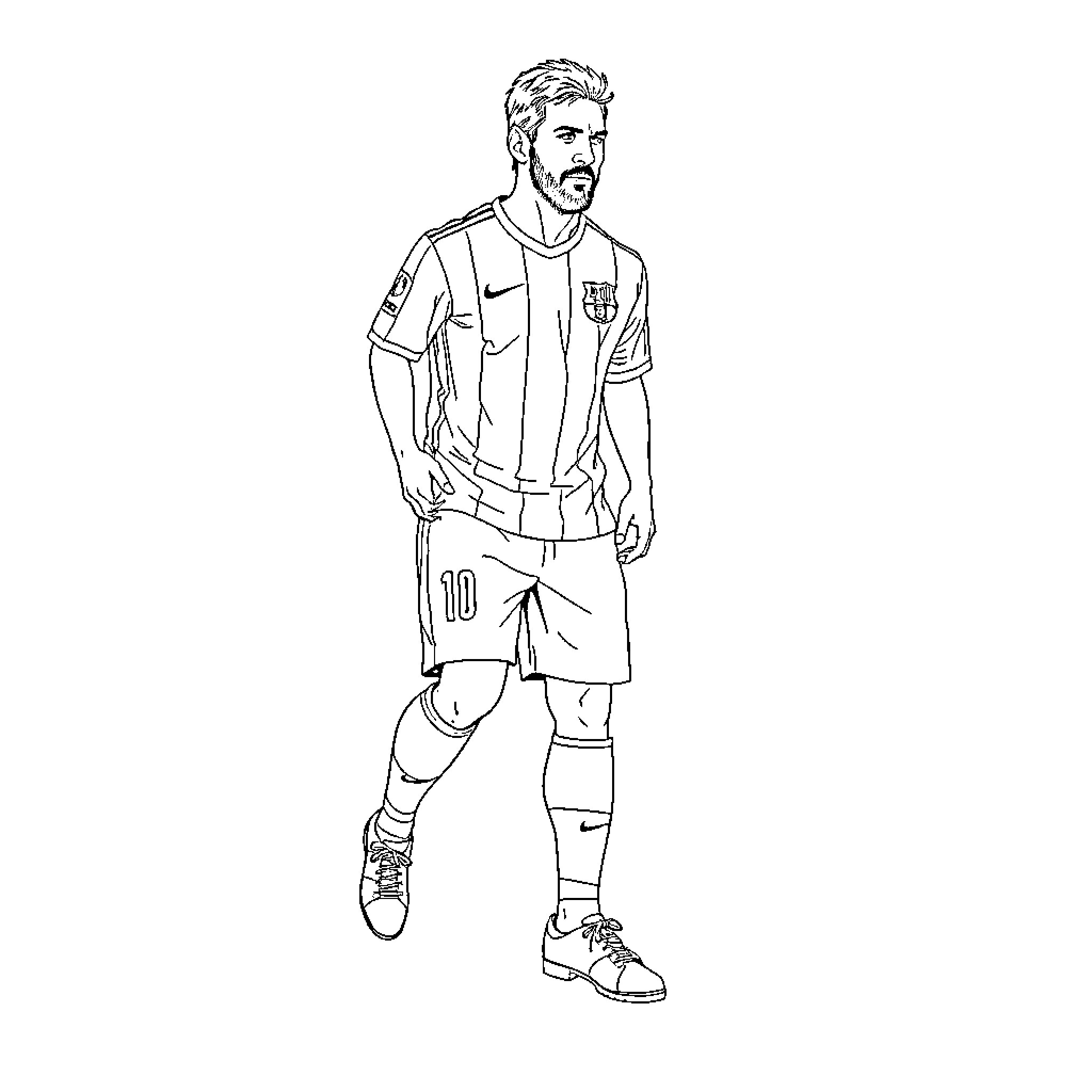 Messi's Soccer Uniform and Pose Coloring Page (free black-and-white line drawing printable PDF for all, from beginners to advanced learners, including children, teens, adults, and seniors)