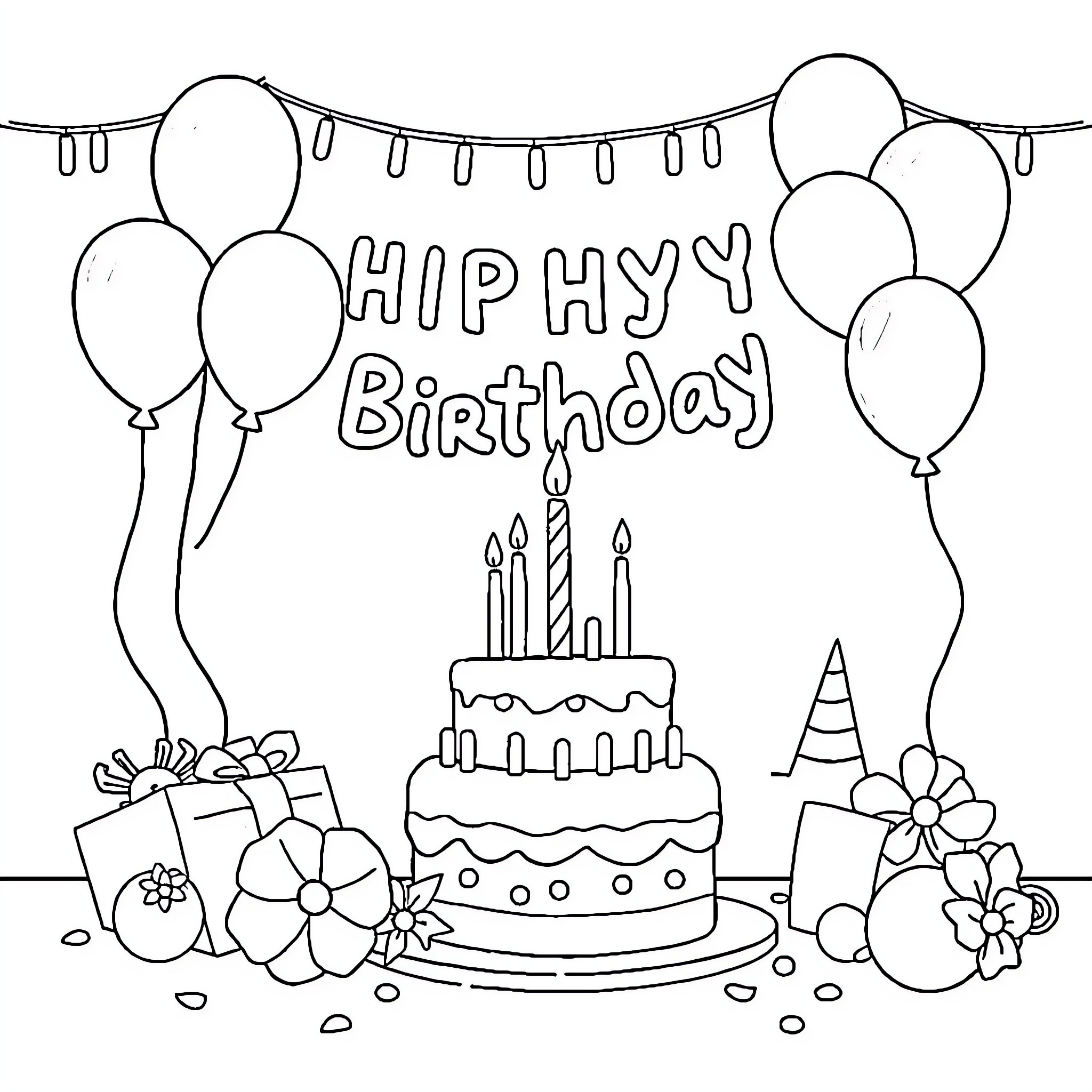Birthday party with balloons, cake, and gifts Coloring Page (free black-and-white line drawing printable PDF for all, from beginners to advanced learners, including children, teens, adults, and seniors)