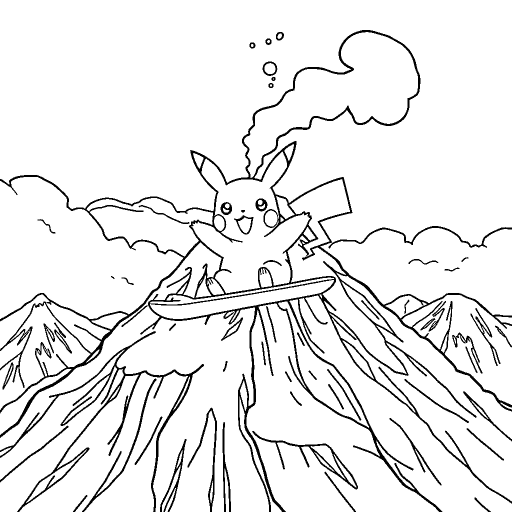 Pikachu surfing on a volcano eruption Coloring Page (free black-and-white line drawing printable PDF for all, from beginners to advanced learners, including children, teens, adults, and seniors)