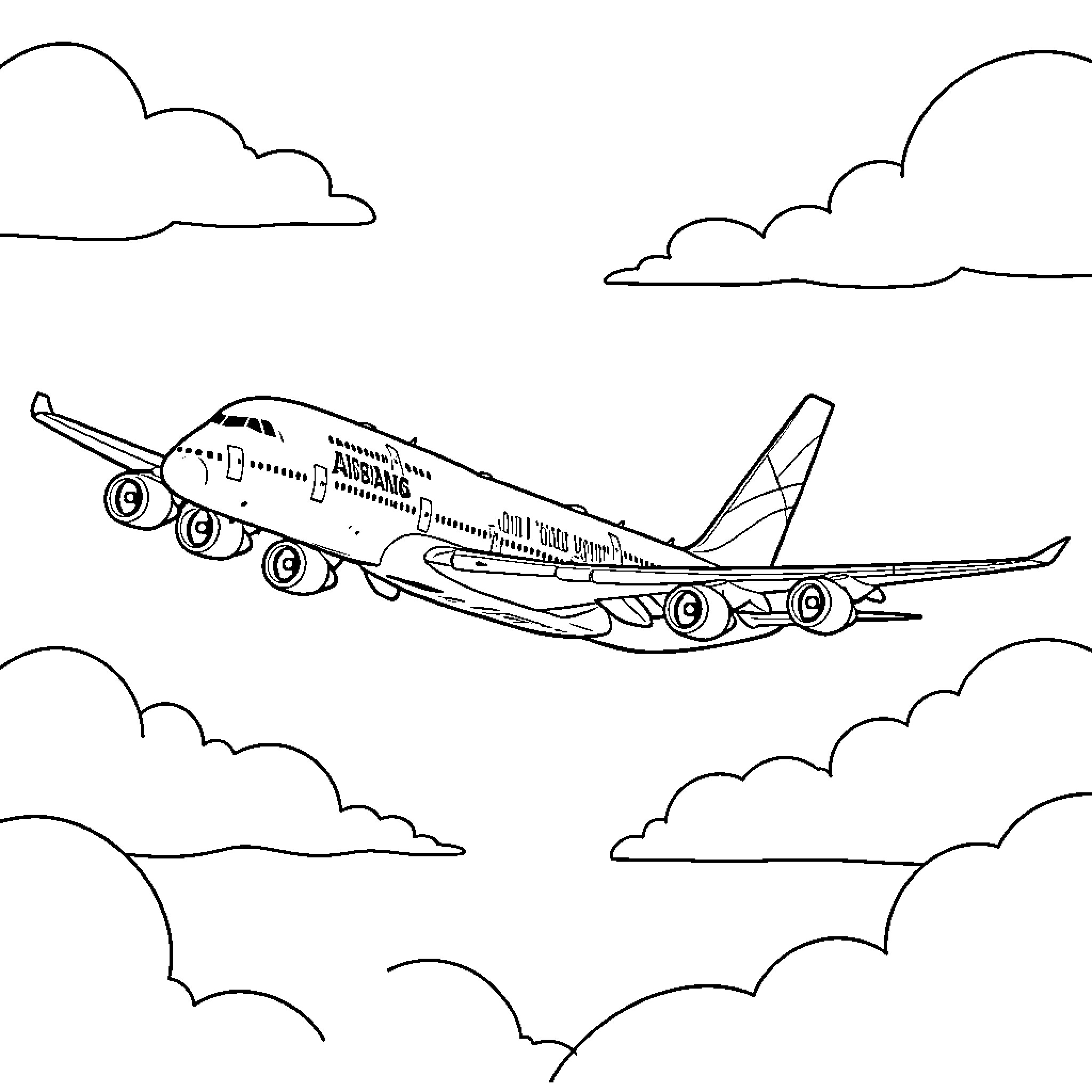 Airbus A380 flying through the clouds Coloring Page (free black-and-white line drawing printable PDF for all, from beginners to advanced learners, including children, teens, adults, and seniors)