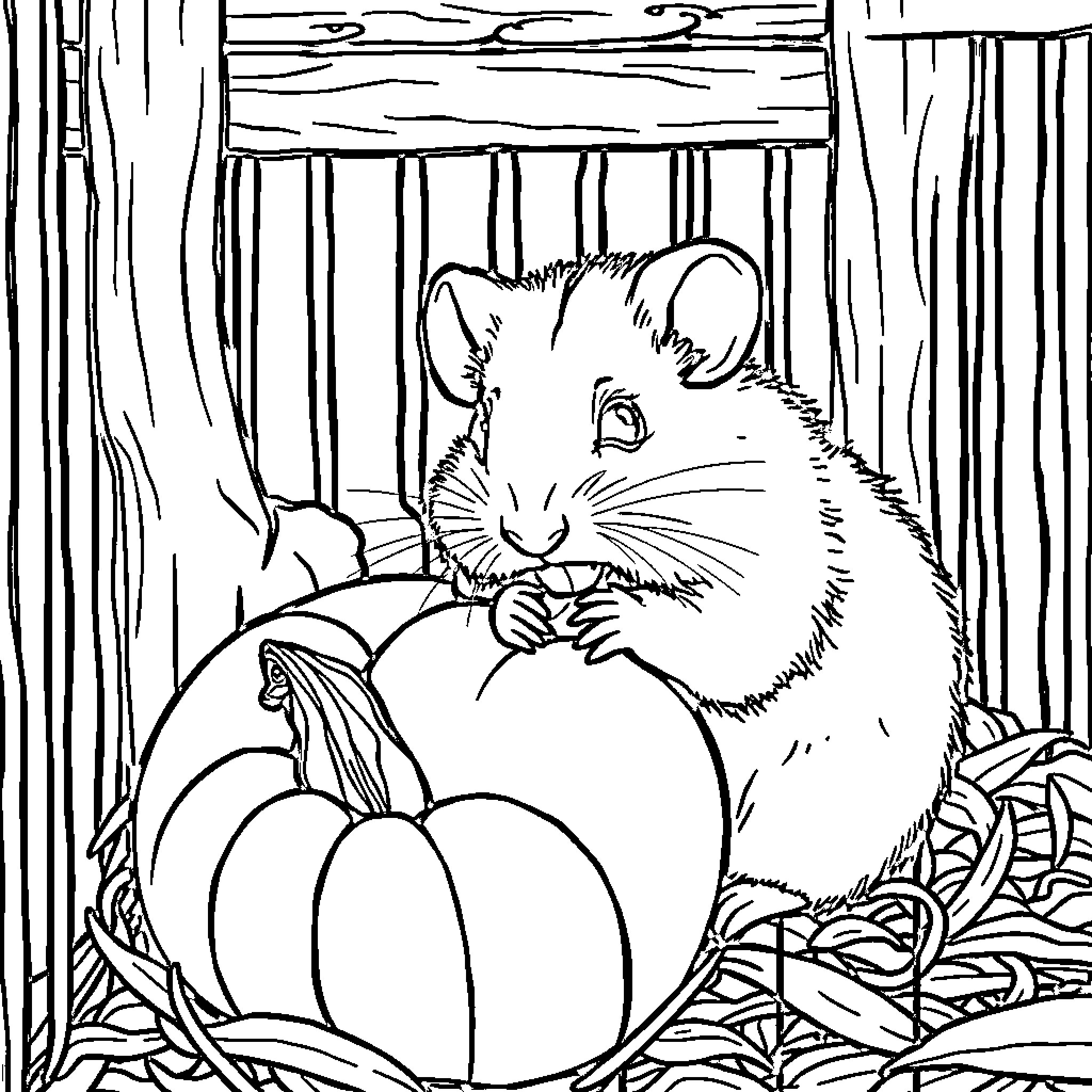 Hamster exploring pumpkin in forest Coloring Page (free black-and-white line drawing printable PDF for all, from beginners to advanced learners, including children, teens, adults, and seniors)