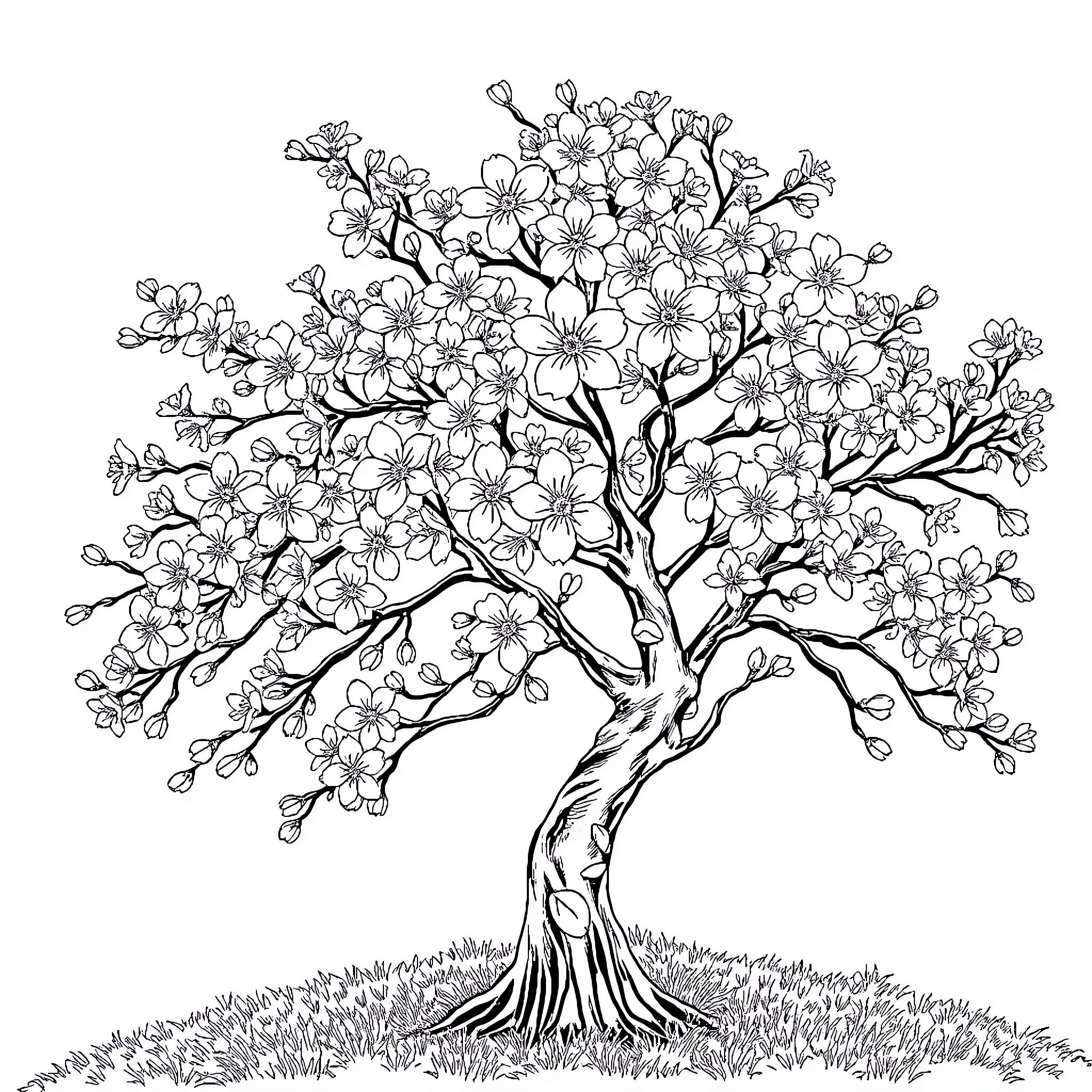Cherry Blossom Tree in Full Bloom Coloring Page (free black-and-white line drawing printable PDF for all, from beginners to advanced learners, including children, teens, adults, and seniors)