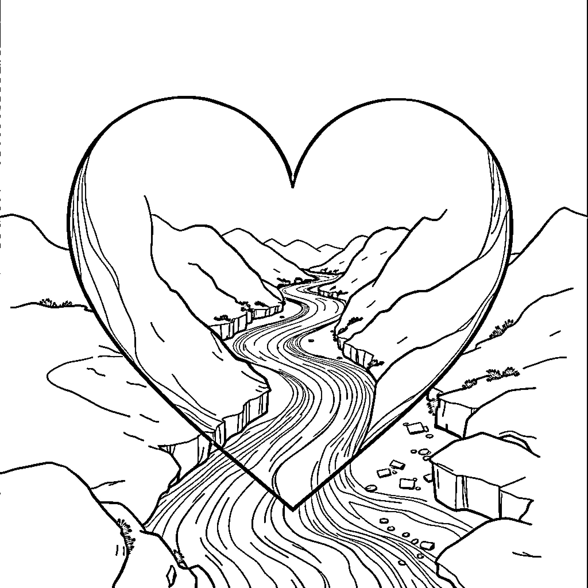 Heart-shaped mountain landscape with winding road Coloring Page (free black-and-white line drawing printable PDF for all, from beginners to advanced learners, including children, teens, adults, and seniors)