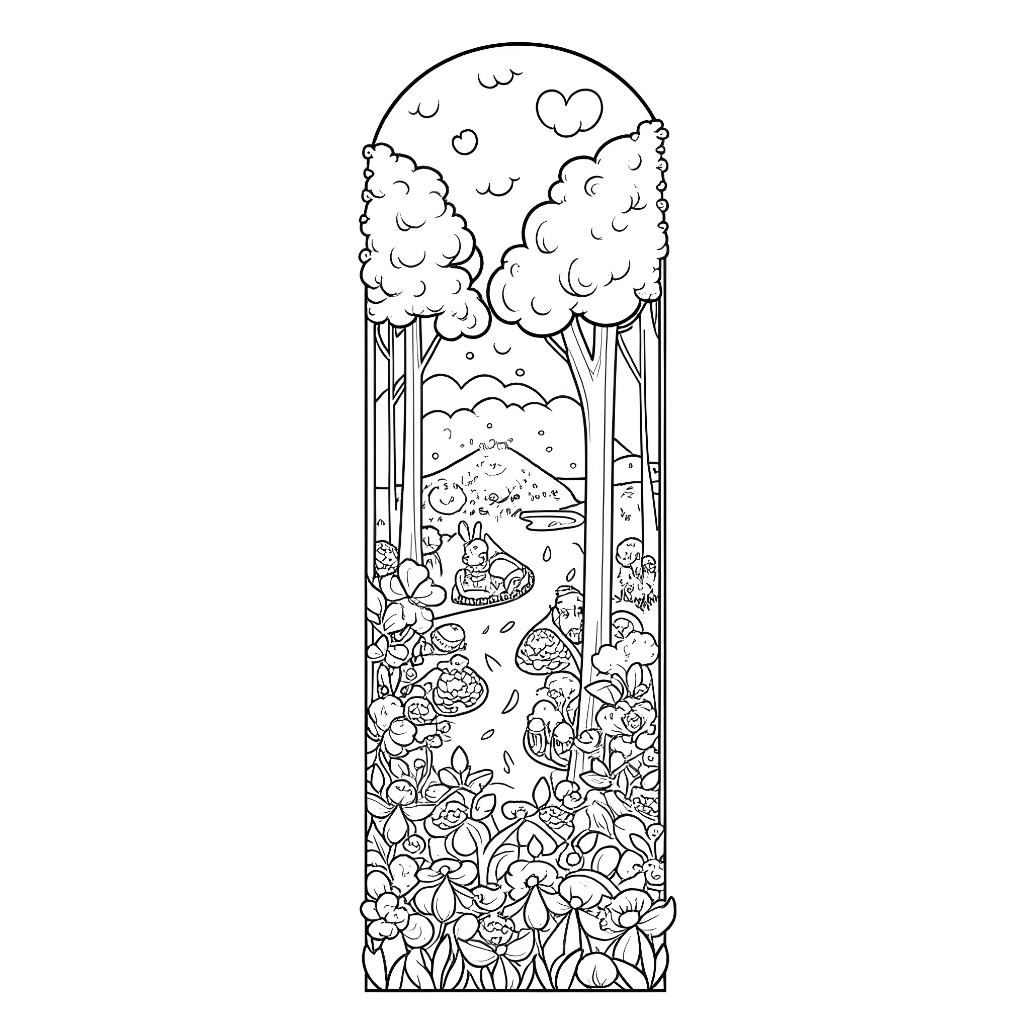 Bookmark of a Whimsical Forest Scene Coloring Page (free black-and-white line drawing printable PDF for all, from beginners to advanced learners, including children, teens, adults, and seniors)