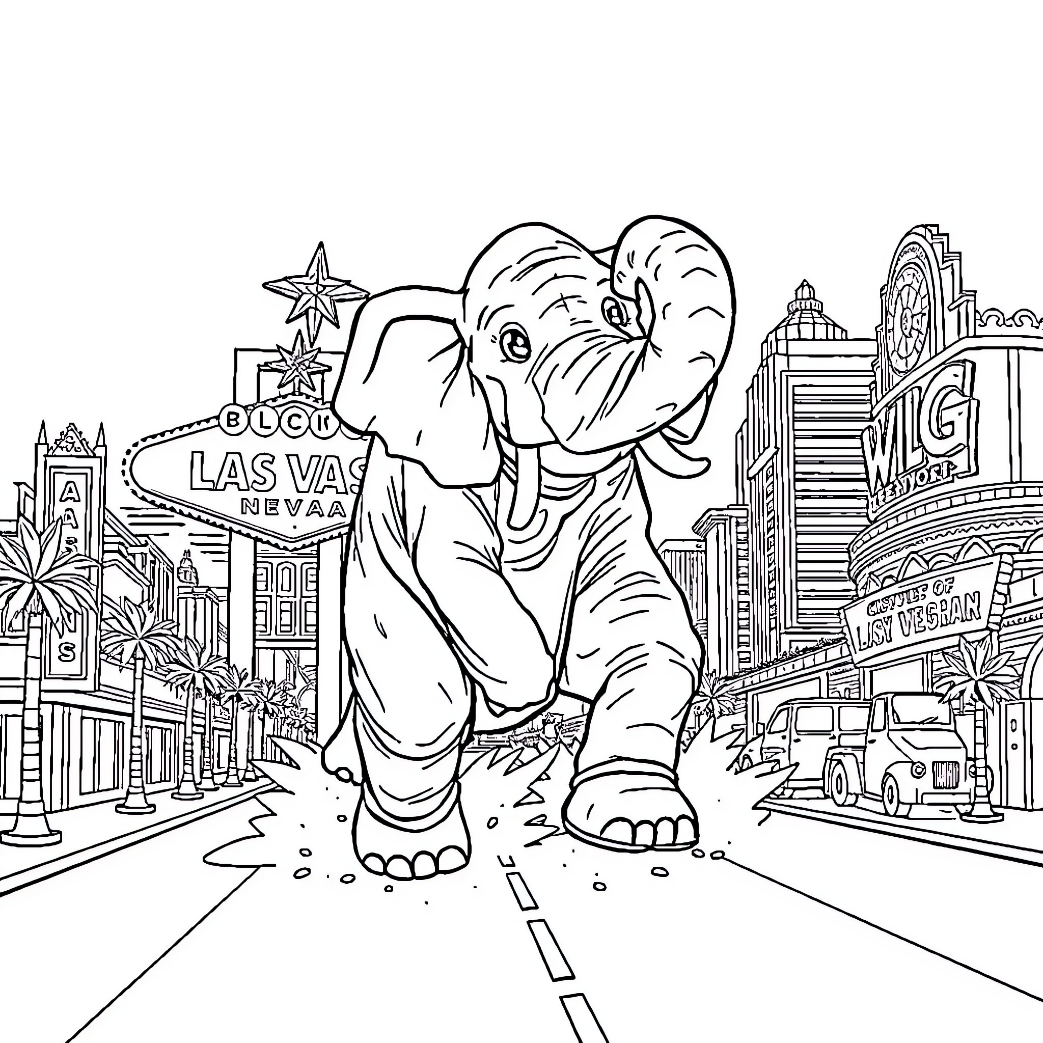 Elephant exploring the bustling city of Las Vegas Coloring Page (free black-and-white line drawing printable PDF for all, from beginners to advanced learners, including children, teens, adults, and seniors)
