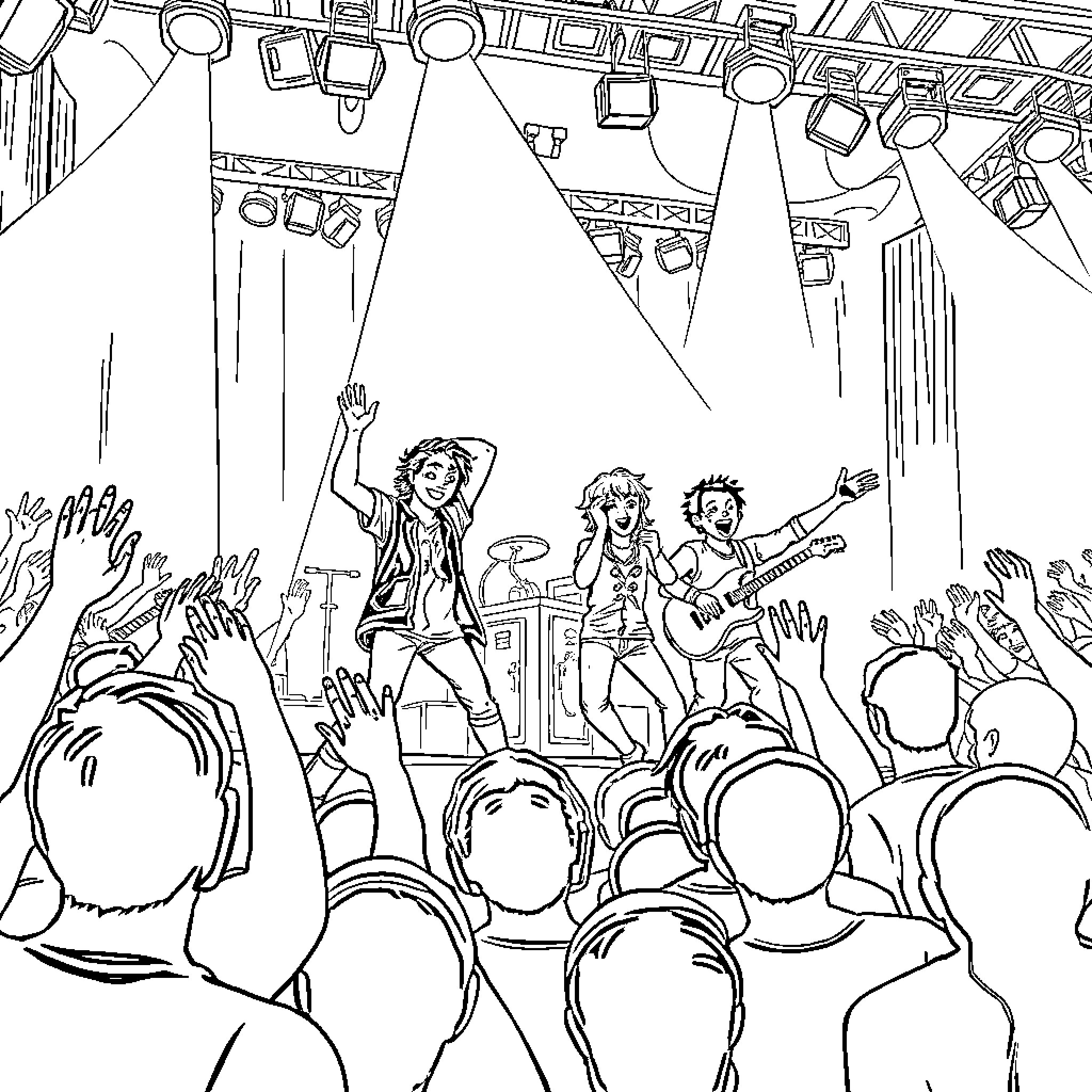 Stray Kids Rocking the Stage with Energetic Performance Coloring Page (free black-and-white line drawing printable PDF for all, from beginners to advanced learners, including children, teens, adults, and seniors)