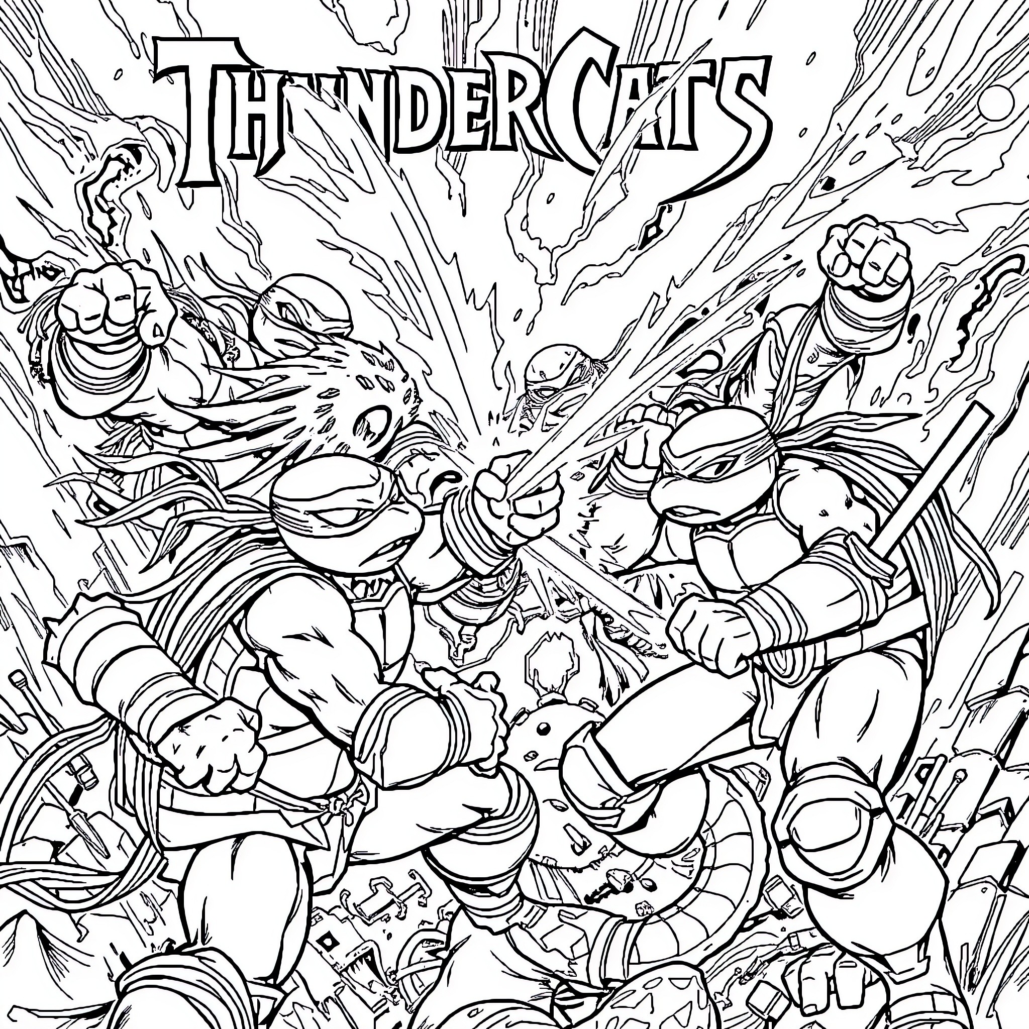 Thundercats in epic action-packed battle Coloring Page (free black-and-white line drawing printable PDF for all, from beginners to advanced learners, including children, teens, adults, and seniors)