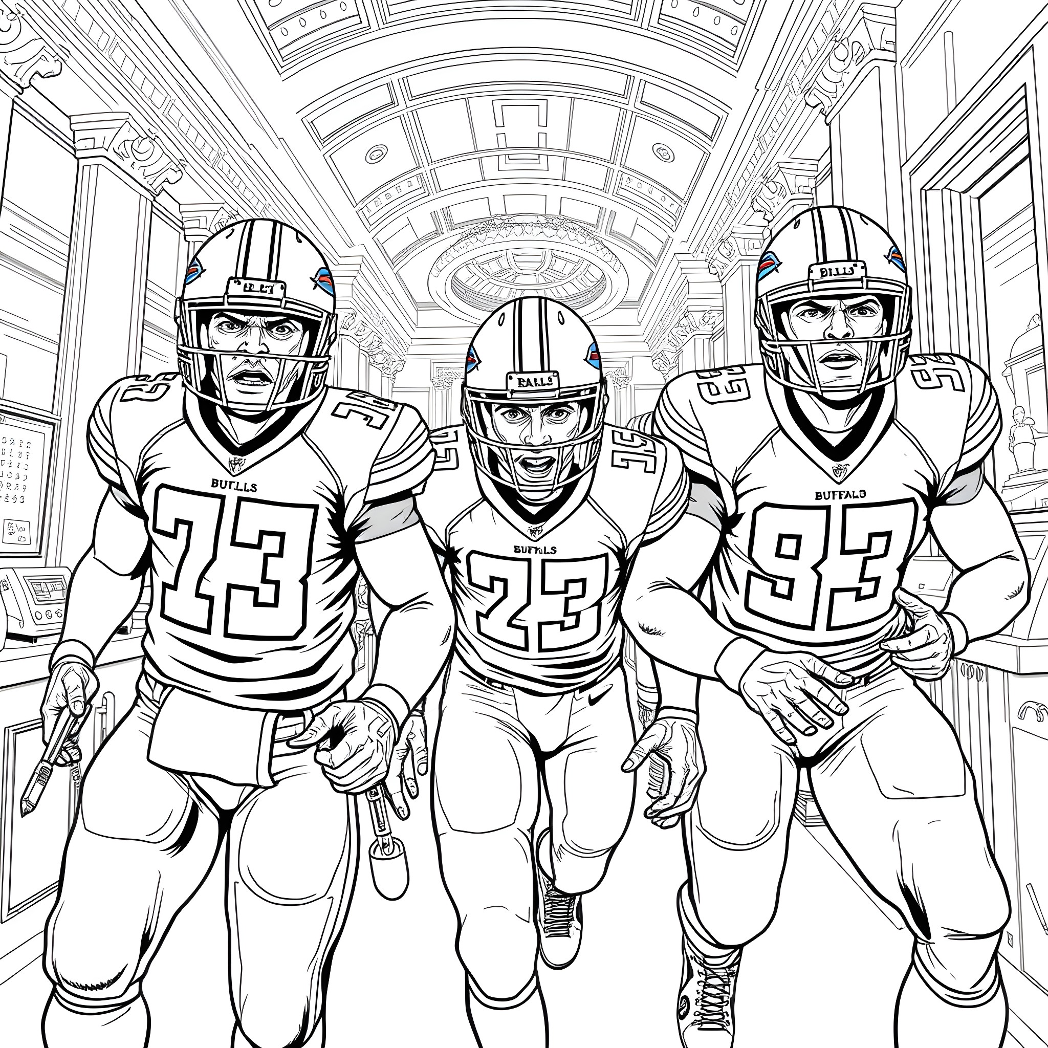 Buffalo football players marching in stadium Coloring Page (free black-and-white line drawing printable PDF for all, from beginners to advanced learners, including children, teens, adults, and seniors)