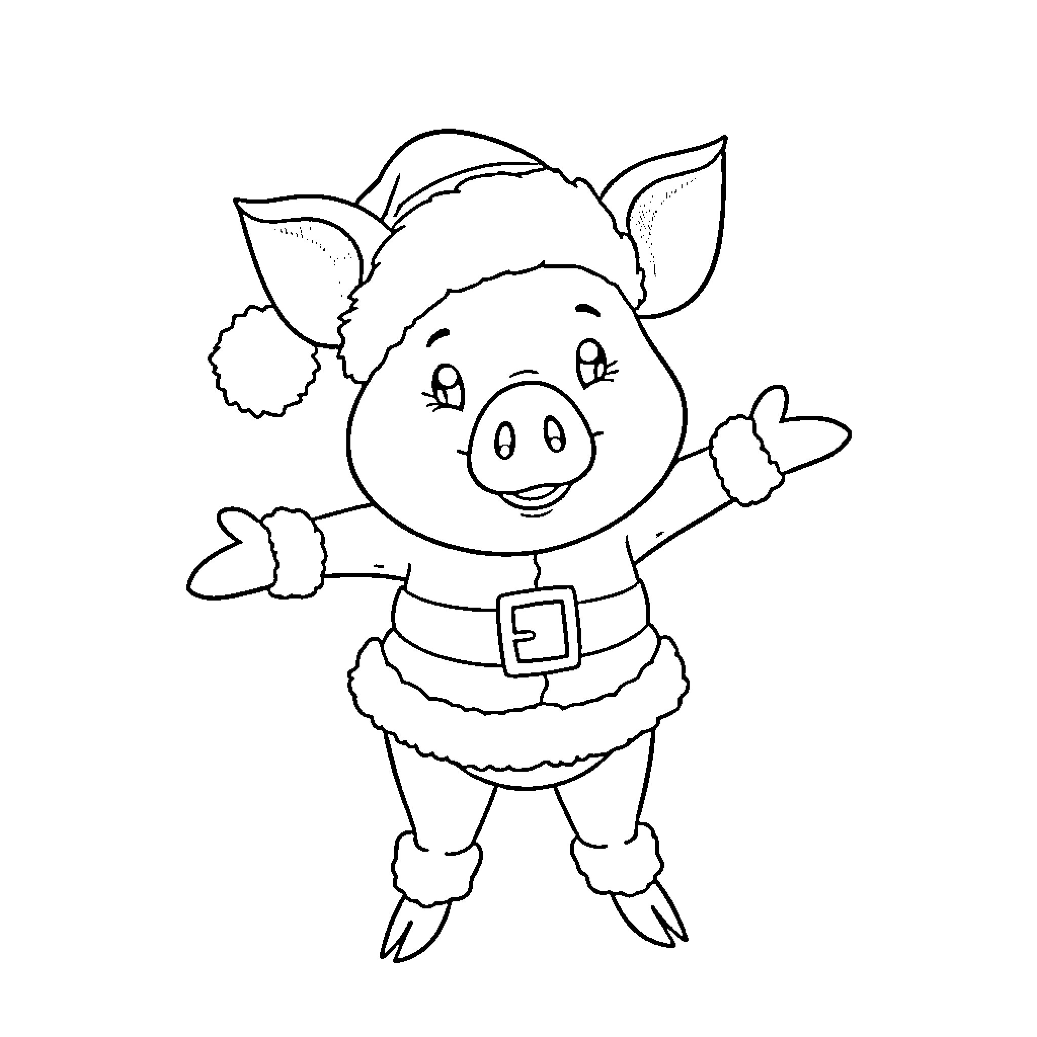 Pig in festive Santa outfit waving happily Coloring Page (free black-and-white line drawing printable PDF for all, from beginners to advanced learners, including children, teens, adults, and seniors)