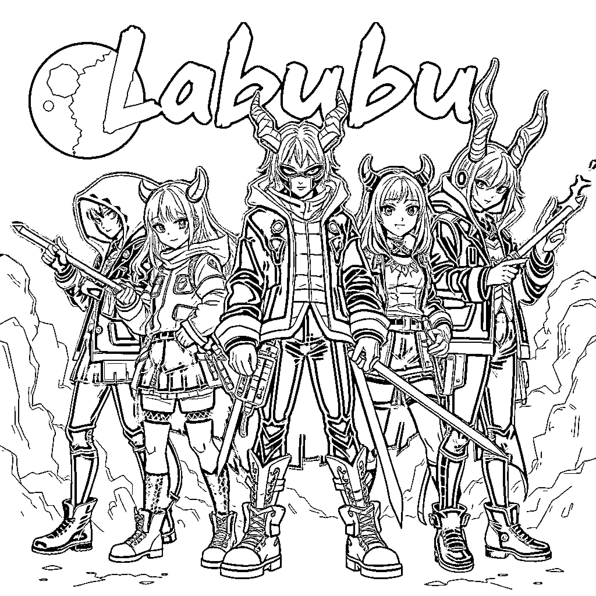 Labubu: Group of Fantastical Heroes in Action Coloring Page (free black-and-white line drawing printable PDF for all, from beginners to advanced learners, including children, teens, adults, and seniors)