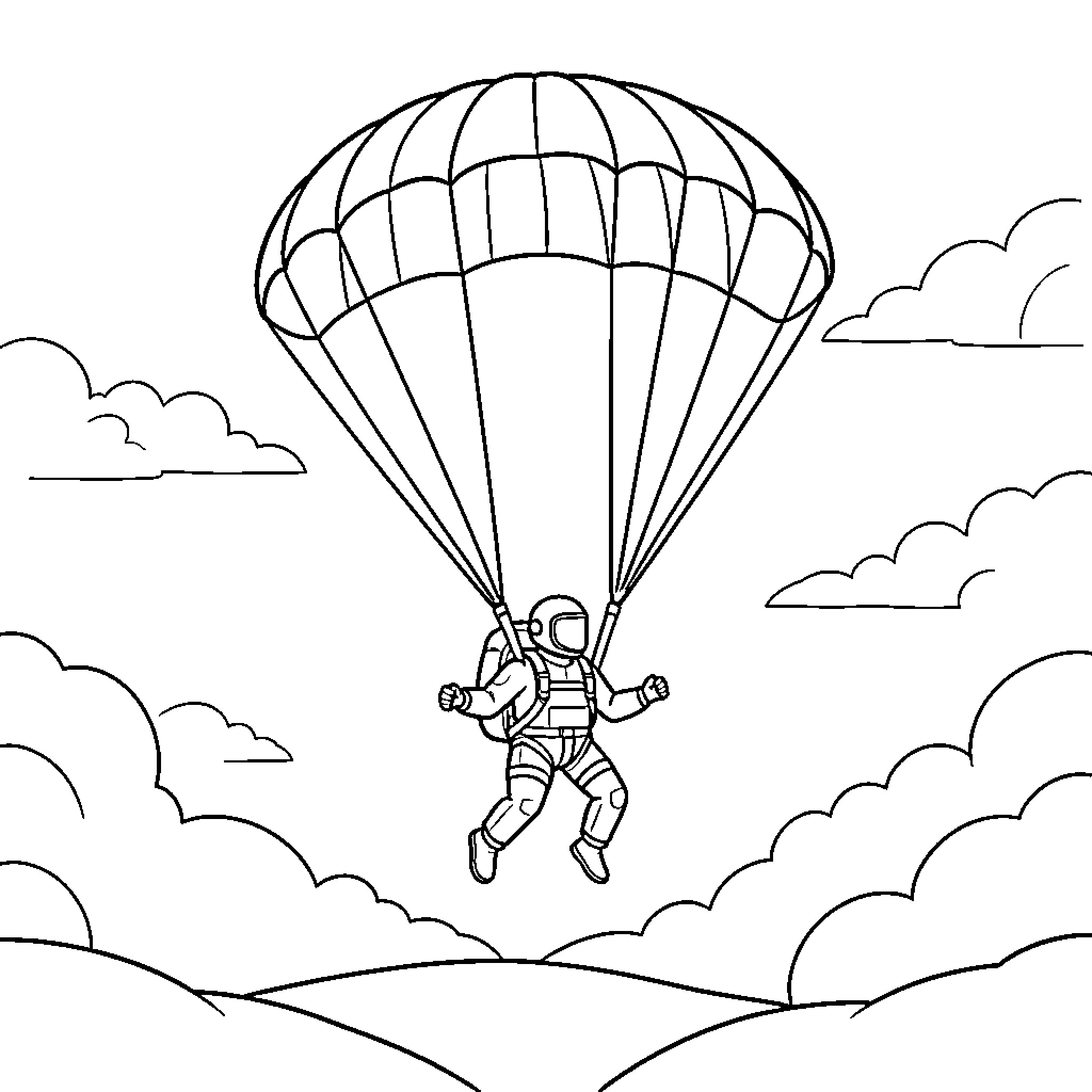 Parachutist in astronaut suit descending through the clouds Coloring Page (free black-and-white line drawing printable PDF for all, from beginners to advanced learners, including children, teens, adults, and seniors)
