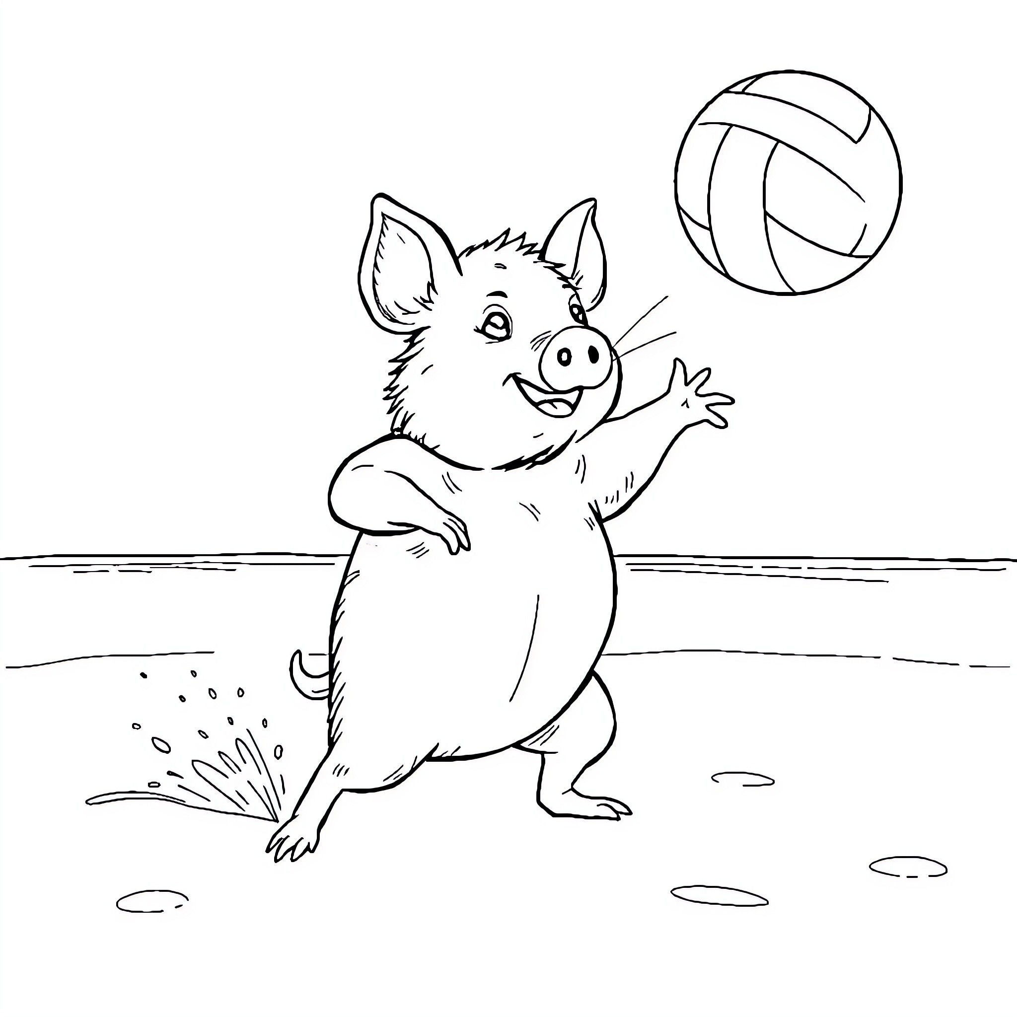 Pig playing with volleyball on beach Coloring Page (free black-and-white line drawing printable PDF for all, from beginners to advanced learners, including children, teens, adults, and seniors)