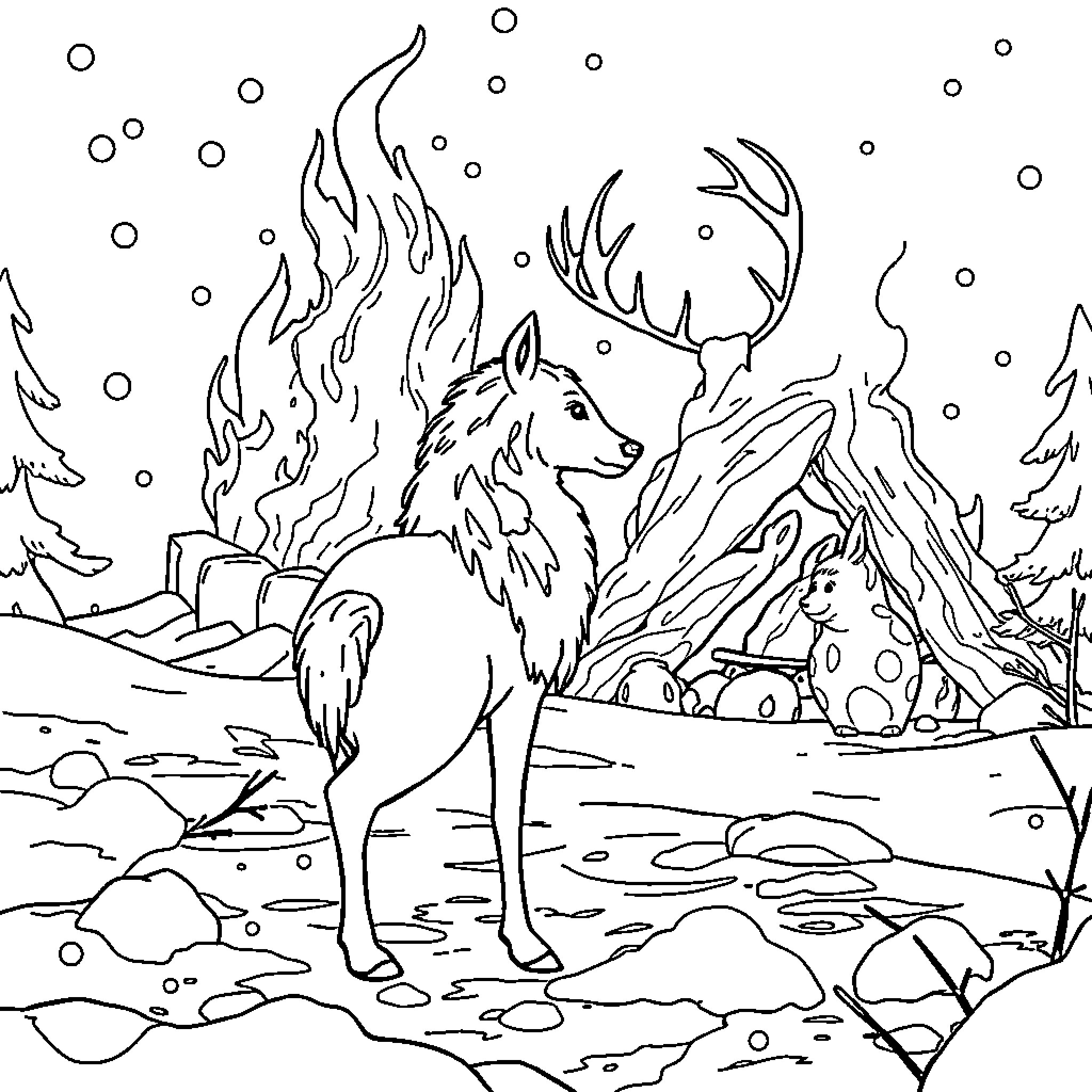 Queen of the Snowy Forest Coloring Page (free black-and-white line drawing printable PDF for all, from beginners to advanced learners, including children, teens, adults, and seniors)