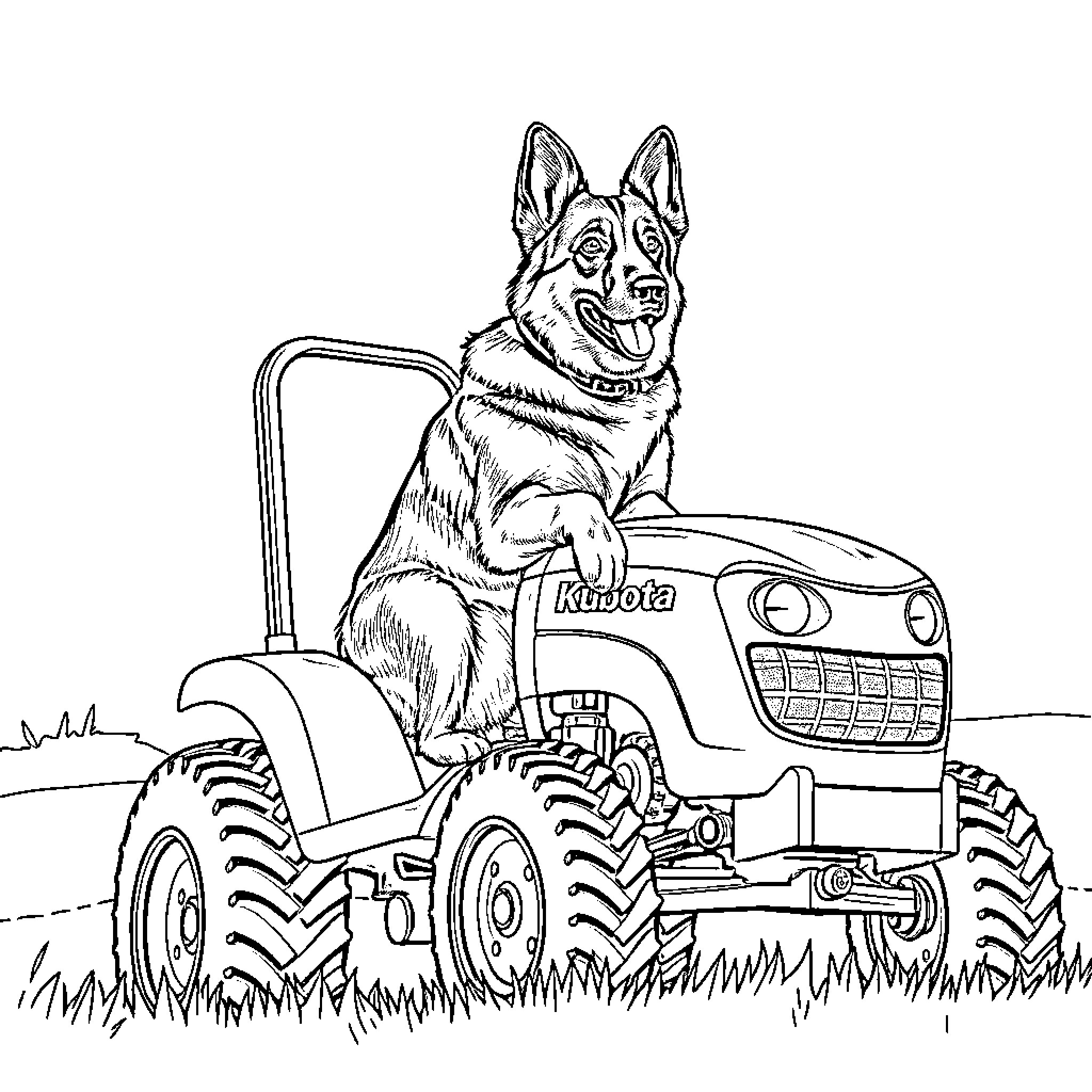 German Shepherd driving a tractor in the field Coloring Page (free black-and-white line drawing printable PDF for all, from beginners to advanced learners, including children, teens, adults, and seniors)