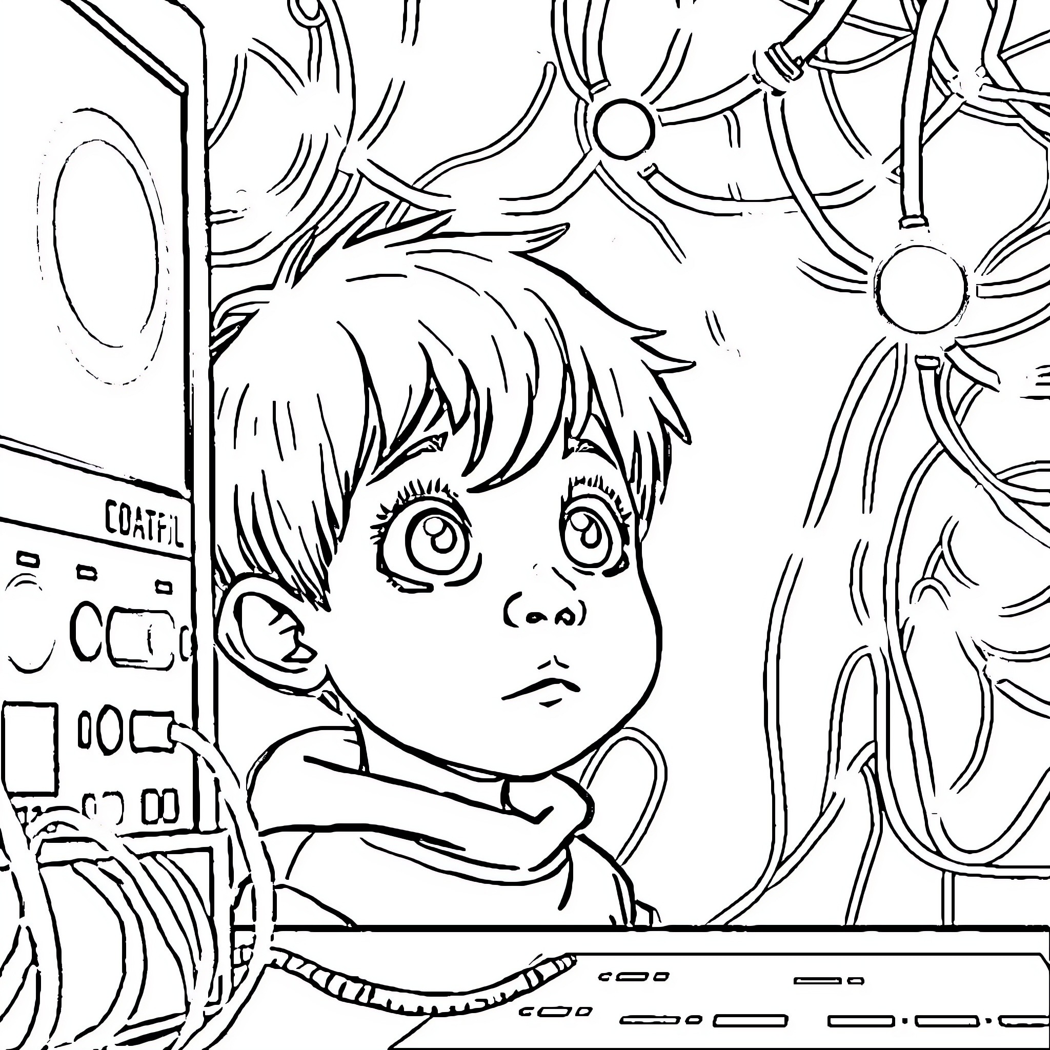 Boy sitting in awe of futuristic technology Coloring Page (free black-and-white line drawing printable PDF for all, from beginners to advanced learners, including children, teens, adults, and seniors)